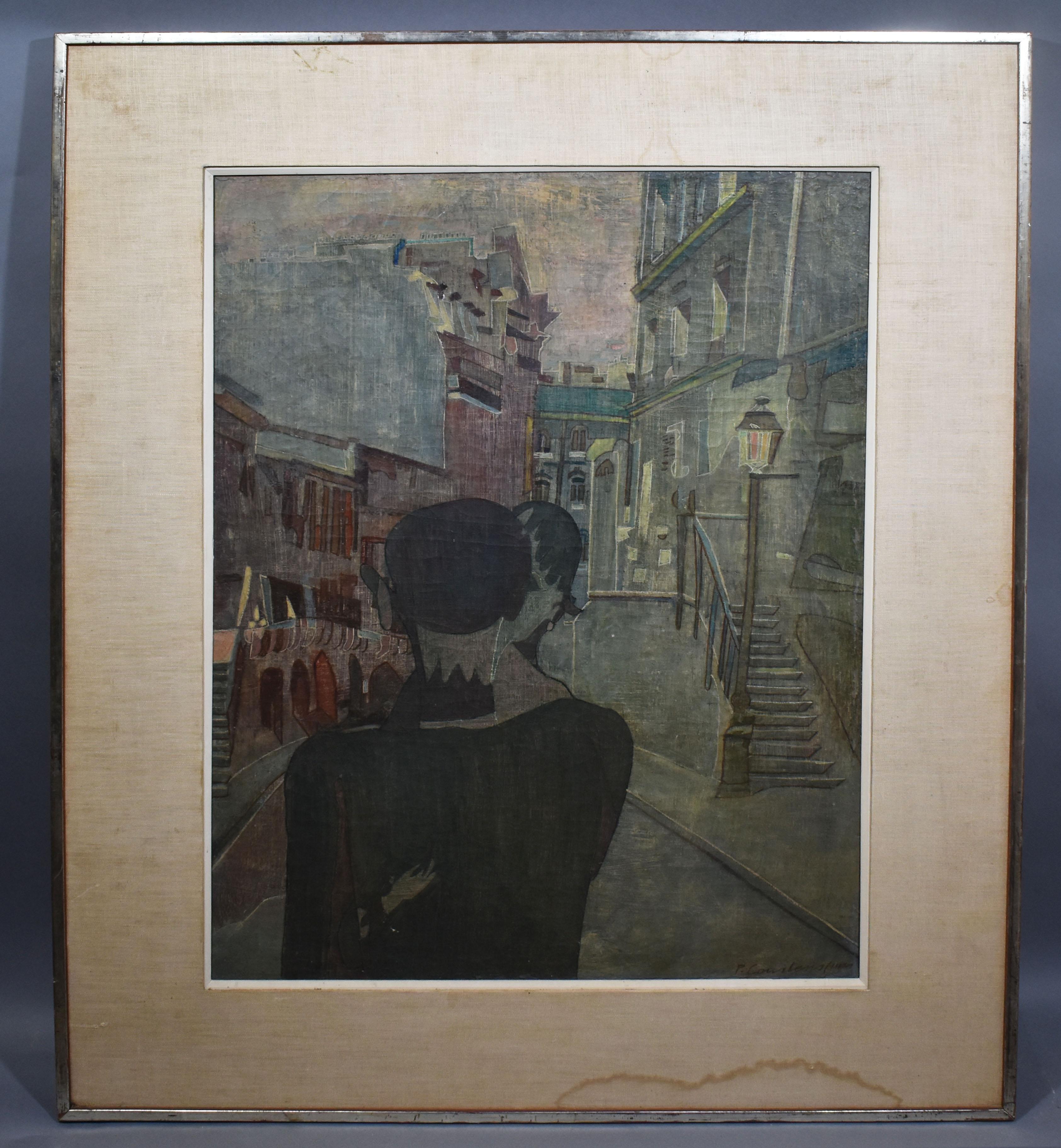 Antique Modernist Belgian Street Scene with Figures Large Original Oil Painting - Gray Landscape Painting by Pierre (Baron) Courtens 