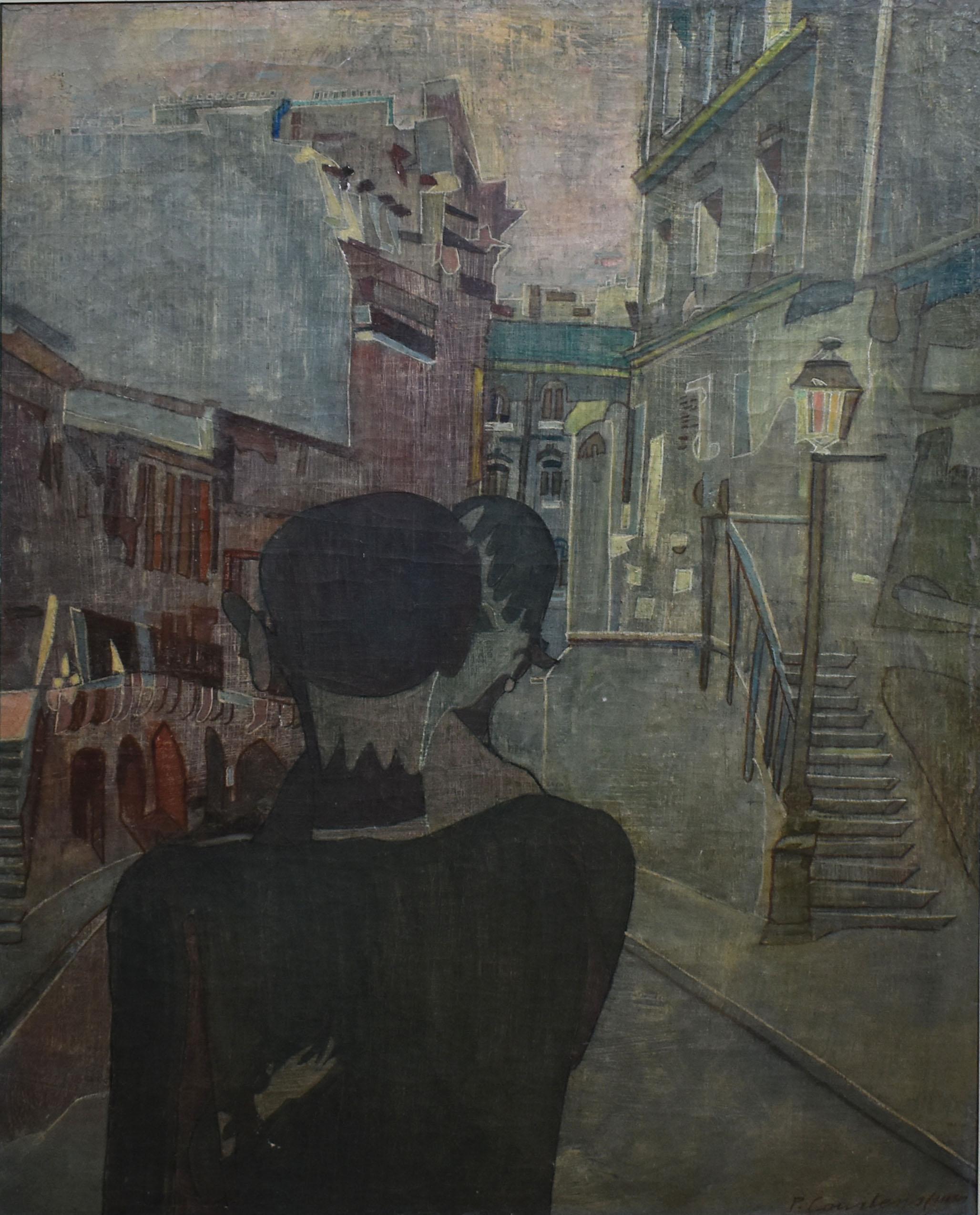 Antique modernist street scene by Pierre (Baron) Courtens  (1921 - 2004).  Oil on canvas, circa 1950.  Signed lower right.  Displayed in a modernist frame.  Image size, 23.5L x 32