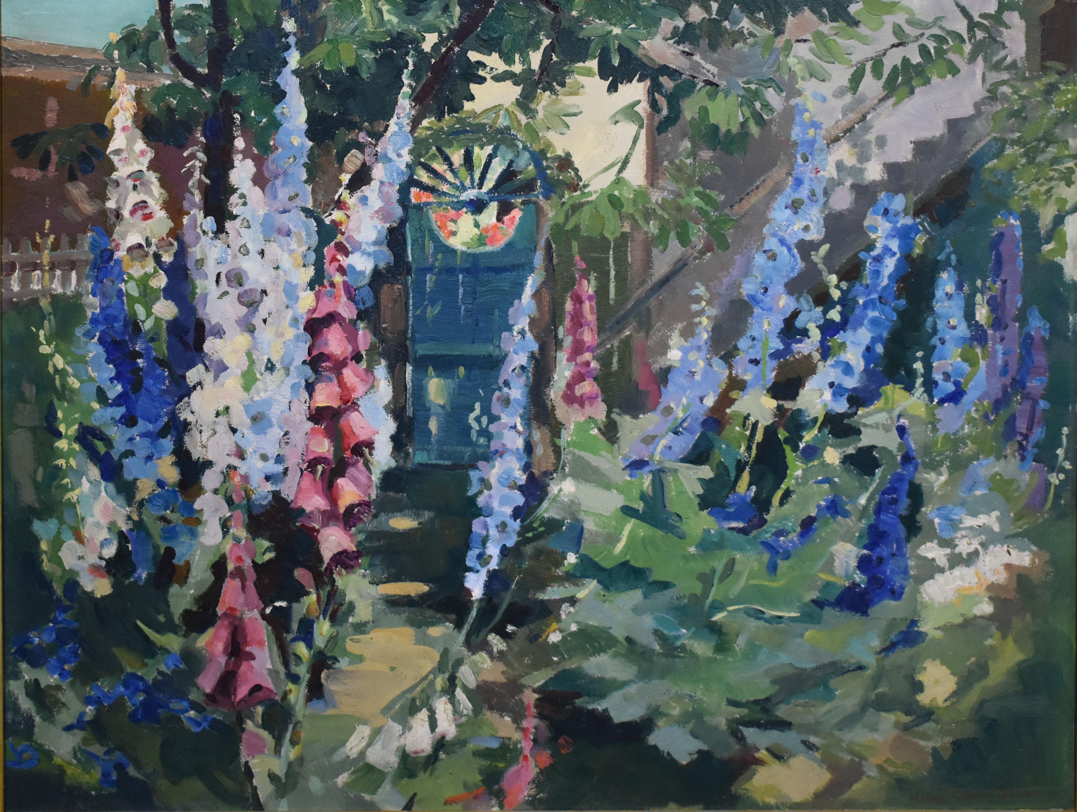 Antique Female American Impressionist Flower Garden Large Original Oil Painting - Gray Still-Life Painting by Helen Gapen Oehler