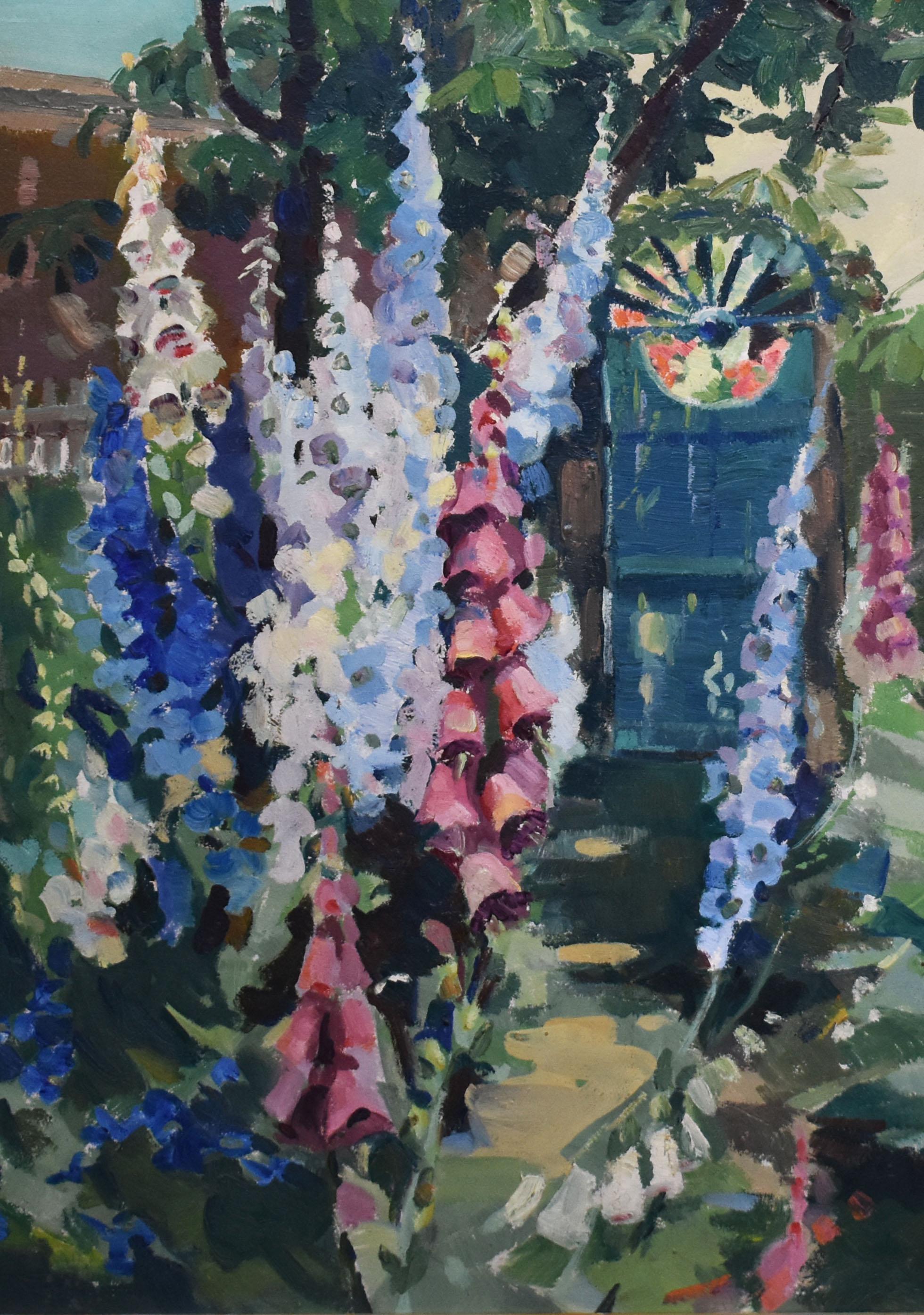 Antique American impressionist oil painting of a garden by Helen Oehler  (1893 - 1979).  Oil on board, circa 1920. Signed.  Displayed in a period giltwood frame.  Image size, 30