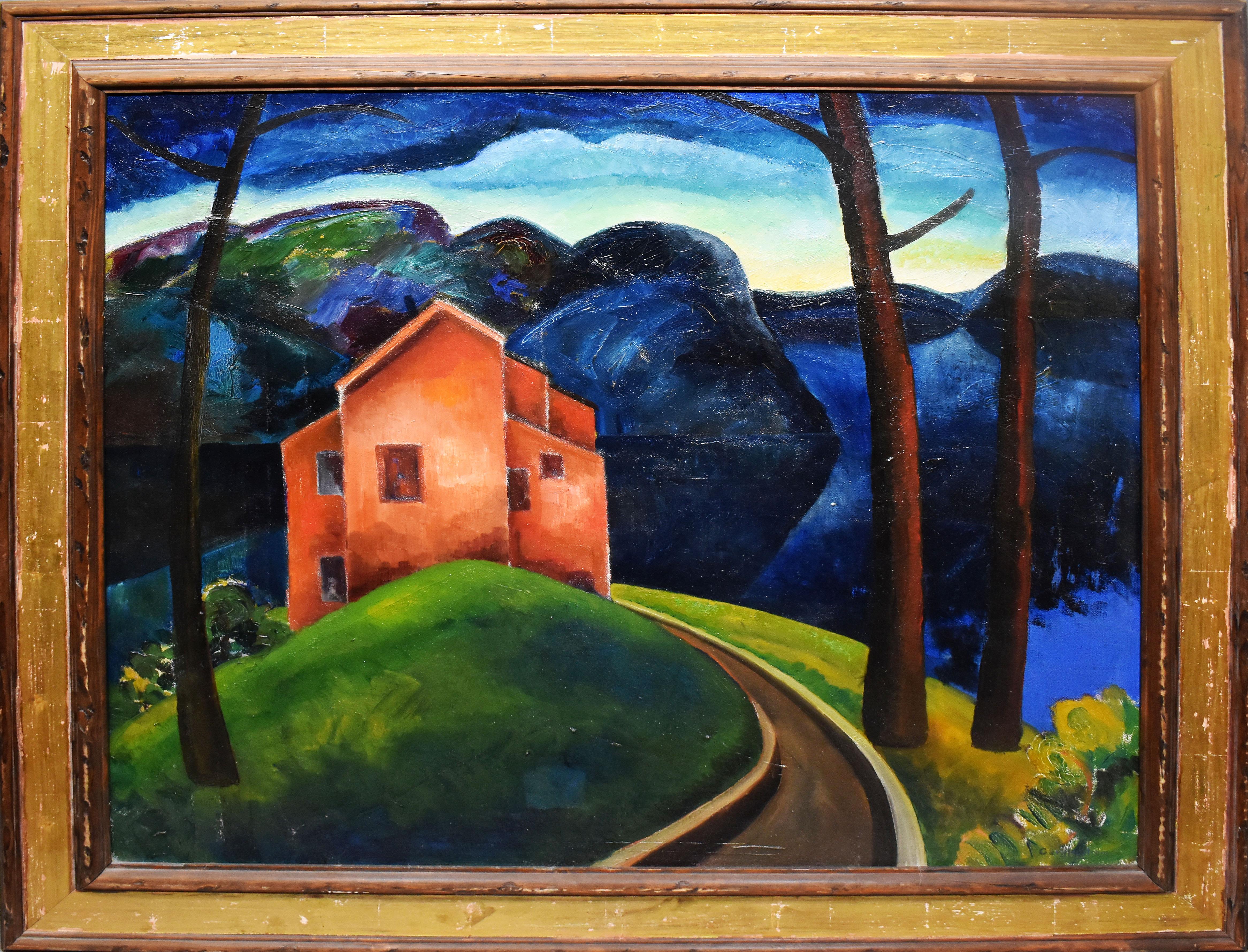 Carl Arvid Bertil Hedstrom Landscape Painting - Antique American Modernist Red Barn Mountain Landscape Fauvist Oil Painting