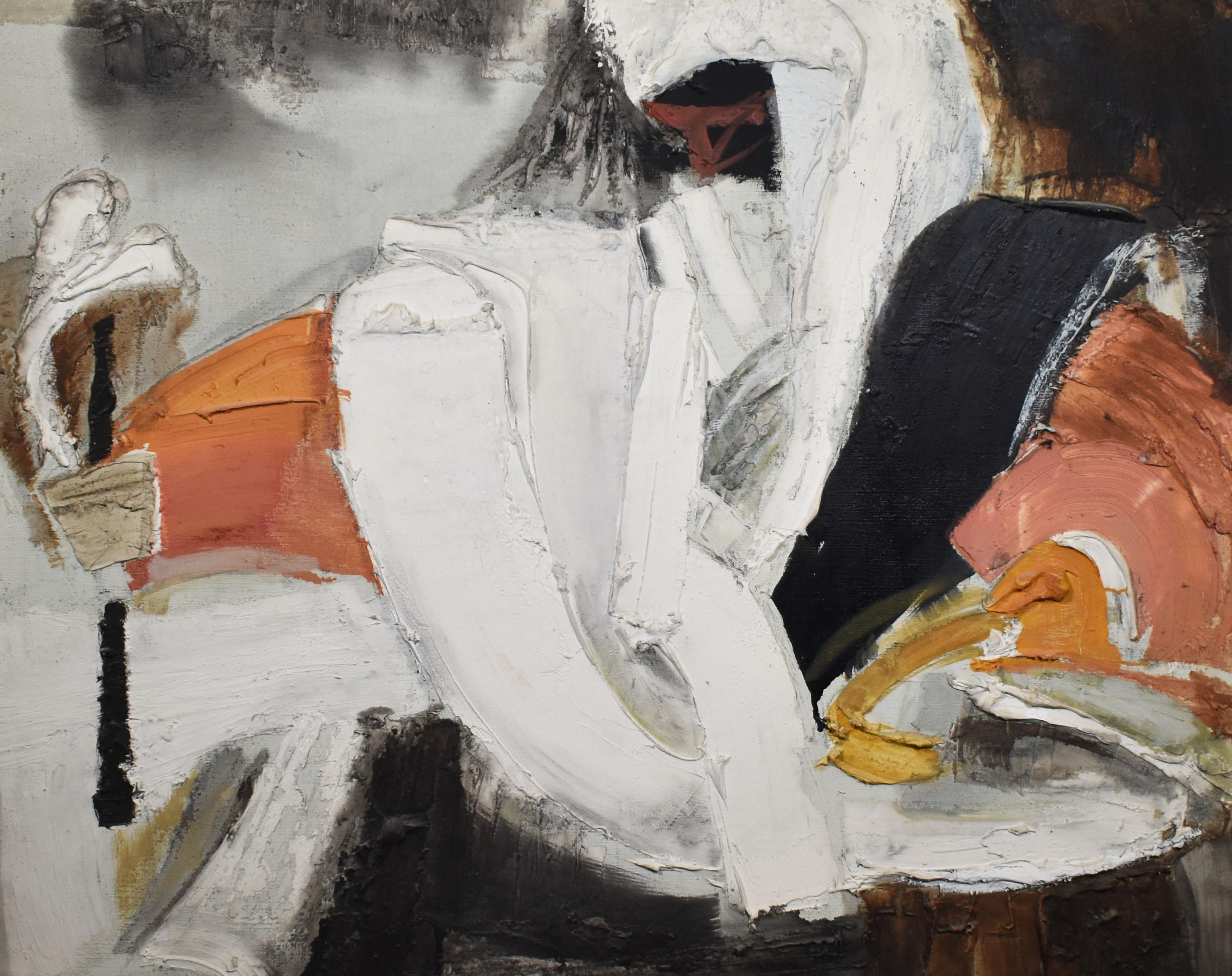 Vintage abstract expressionist oil painting by Lee Hill. Oil on canvas, circa 1964. Signed lower left. Displayed in a period modernist frame. Image size, 37.5