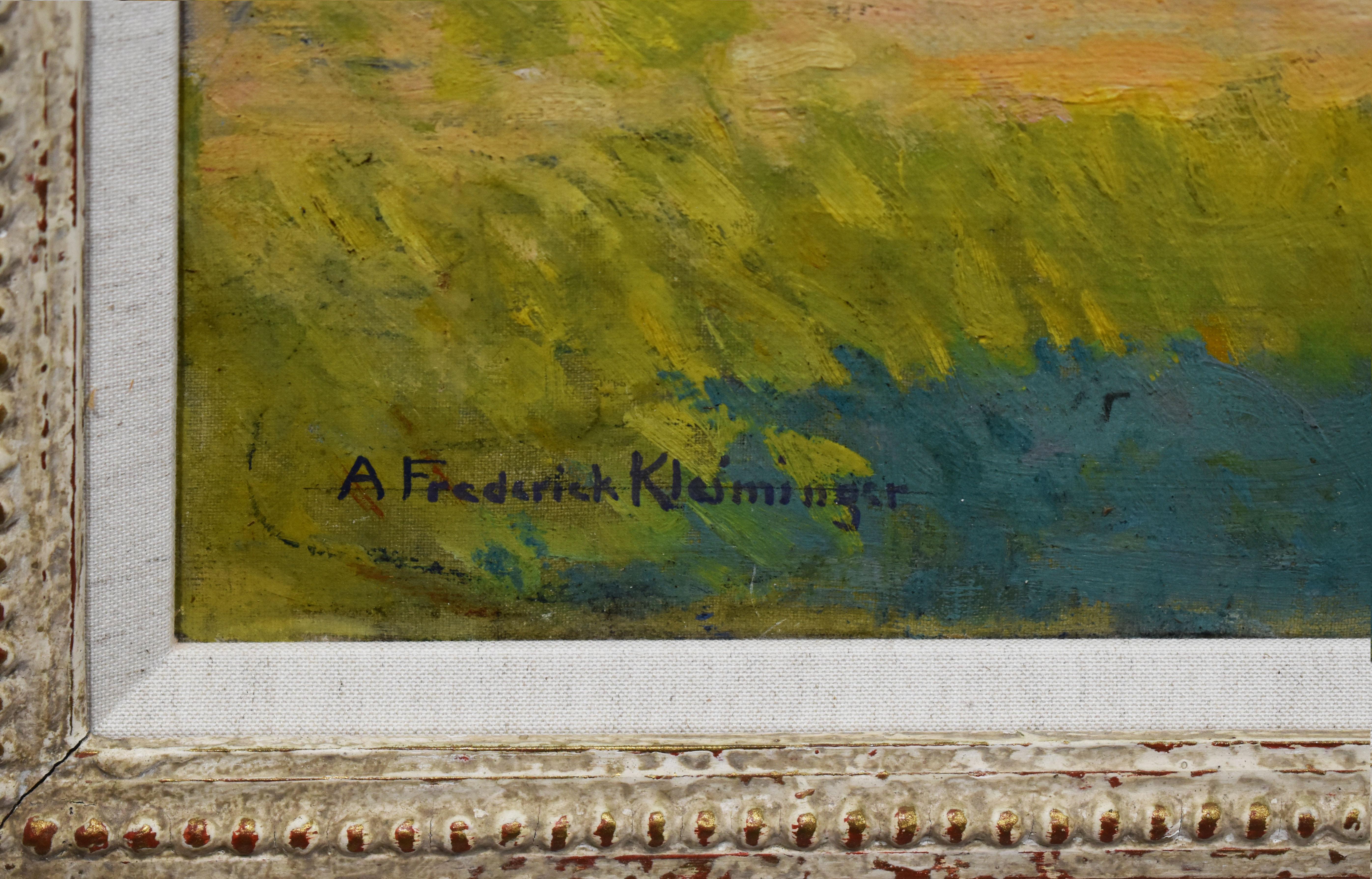 Antique American Impressionist Summer Lake Swimming Signed Kleiminger Painting - Gray Portrait Painting by Adolph Frederick Kleiminger