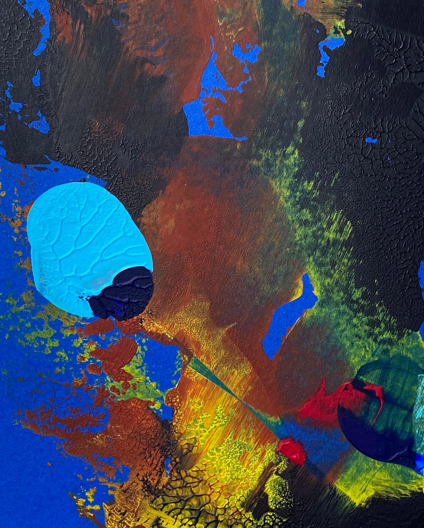 Peinture expressionniste abstraite contemporaine rare encadrée bleu, rouge et jaune vif - Expressionnisme abstrait Painting par Jason Barr