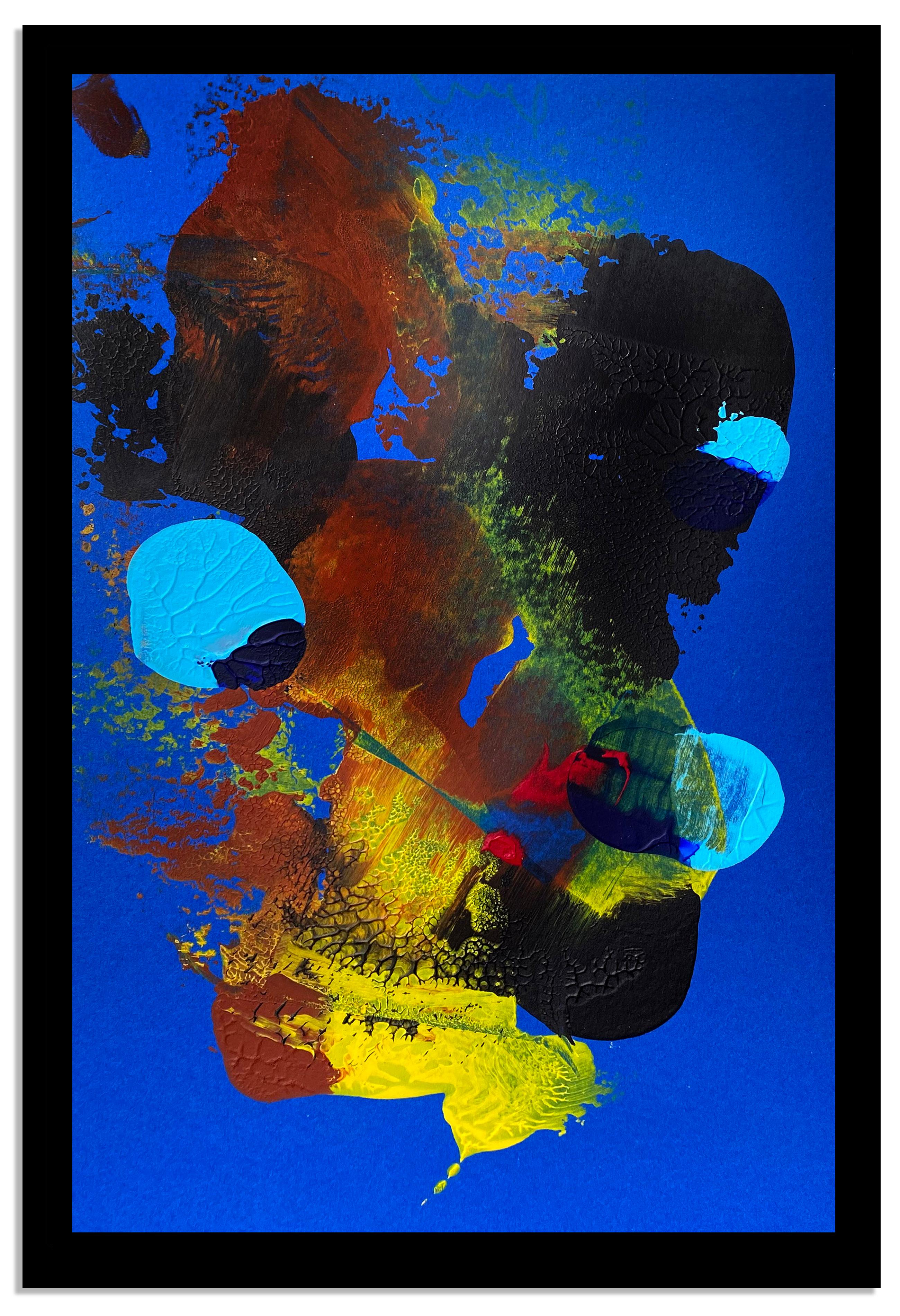 Pittura contemporanea astratta espressionista Blu rosso Giallo vibrante incorniciata rara