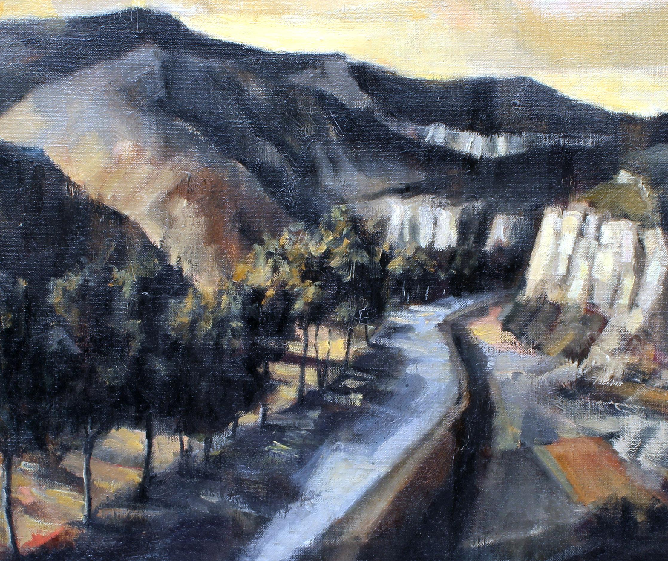 Modernistisches modernistisches amerikanisches Landschaftsgemälde 1950 Berg Schatten Selten gerahmt Tranquil (Amerikanische Moderne), Painting, von Francis Kelly