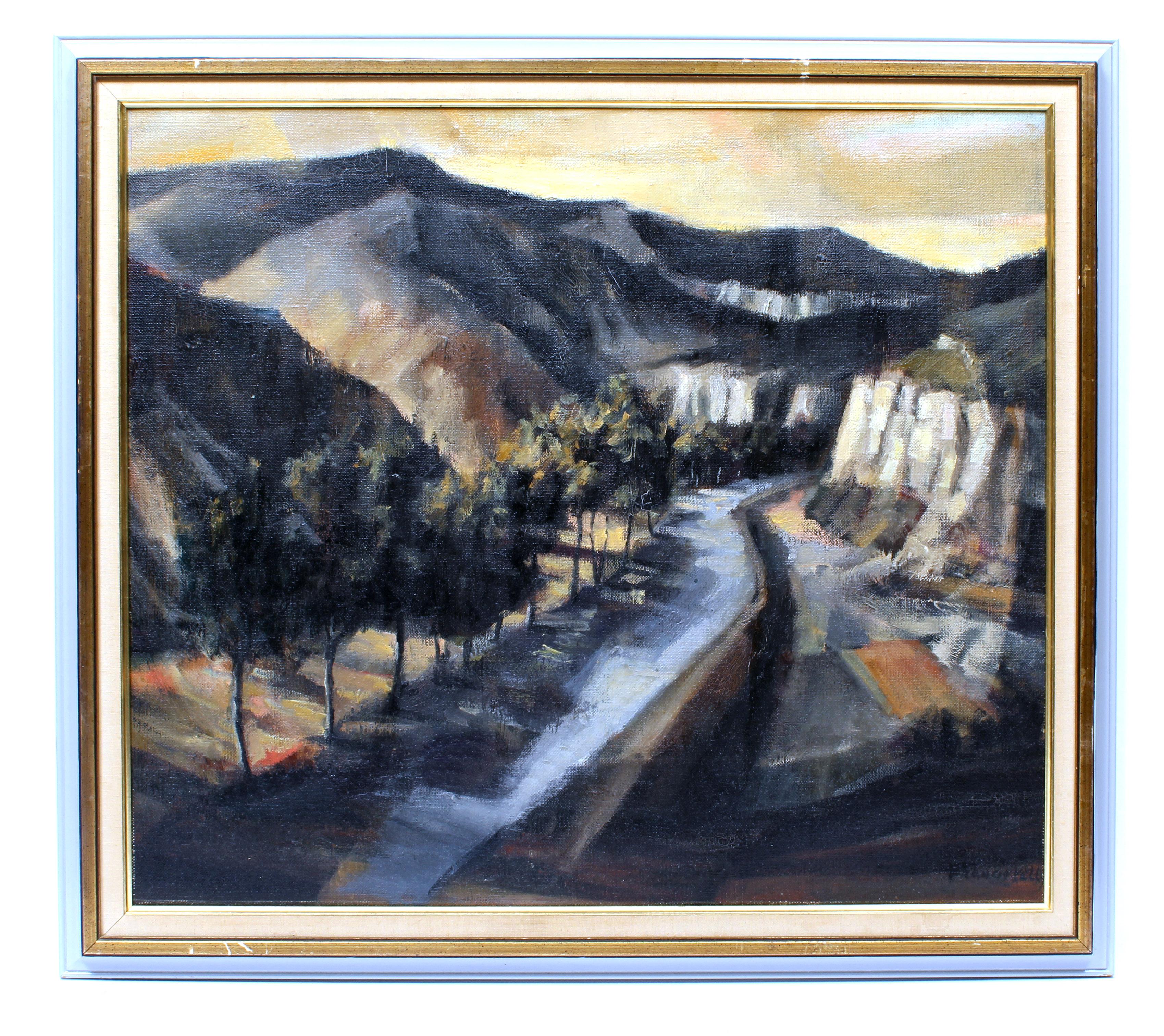 Peinture moderniste américaine de paysage de montagne encadrée, rare et rare, Tranquil de 1950 - Painting de Francis Kelly