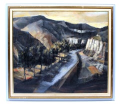 Quadro di paesaggio americano modernista 1950 Ombra di montagna Raro incorniciato Tranquillo