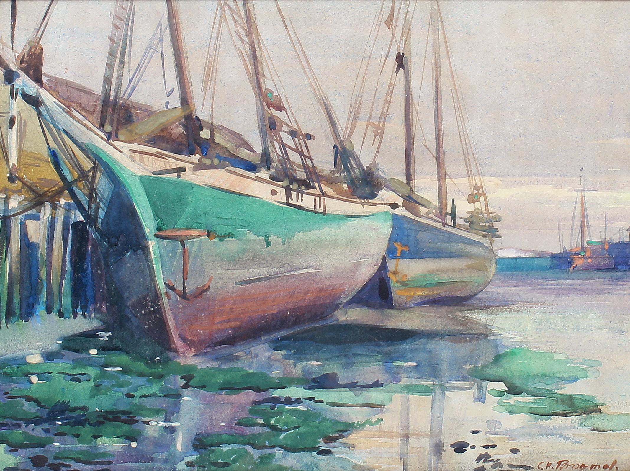 Original watercolor of sailboats at dock by well listed artist Carl Broemel.  This work is stunning with wonderful colors and movement.  This piece is also housed in the original hand carved arts and crafts frame.

Carl William Broemel (1891-1984)