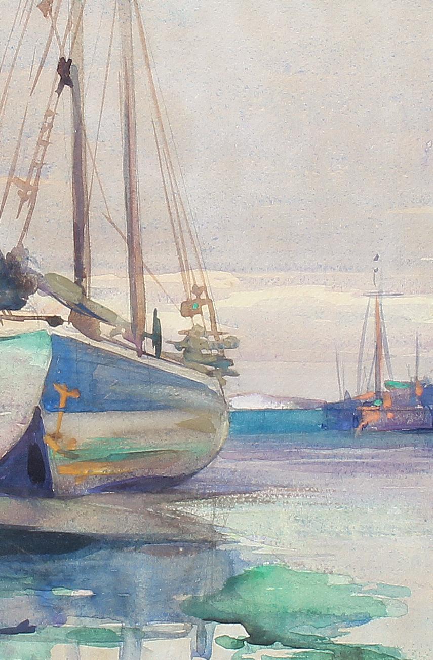 Acquerello di Carl Broemel sulle barche a vela in banchina, cornice originale di arte e artigianato in vendita 3
