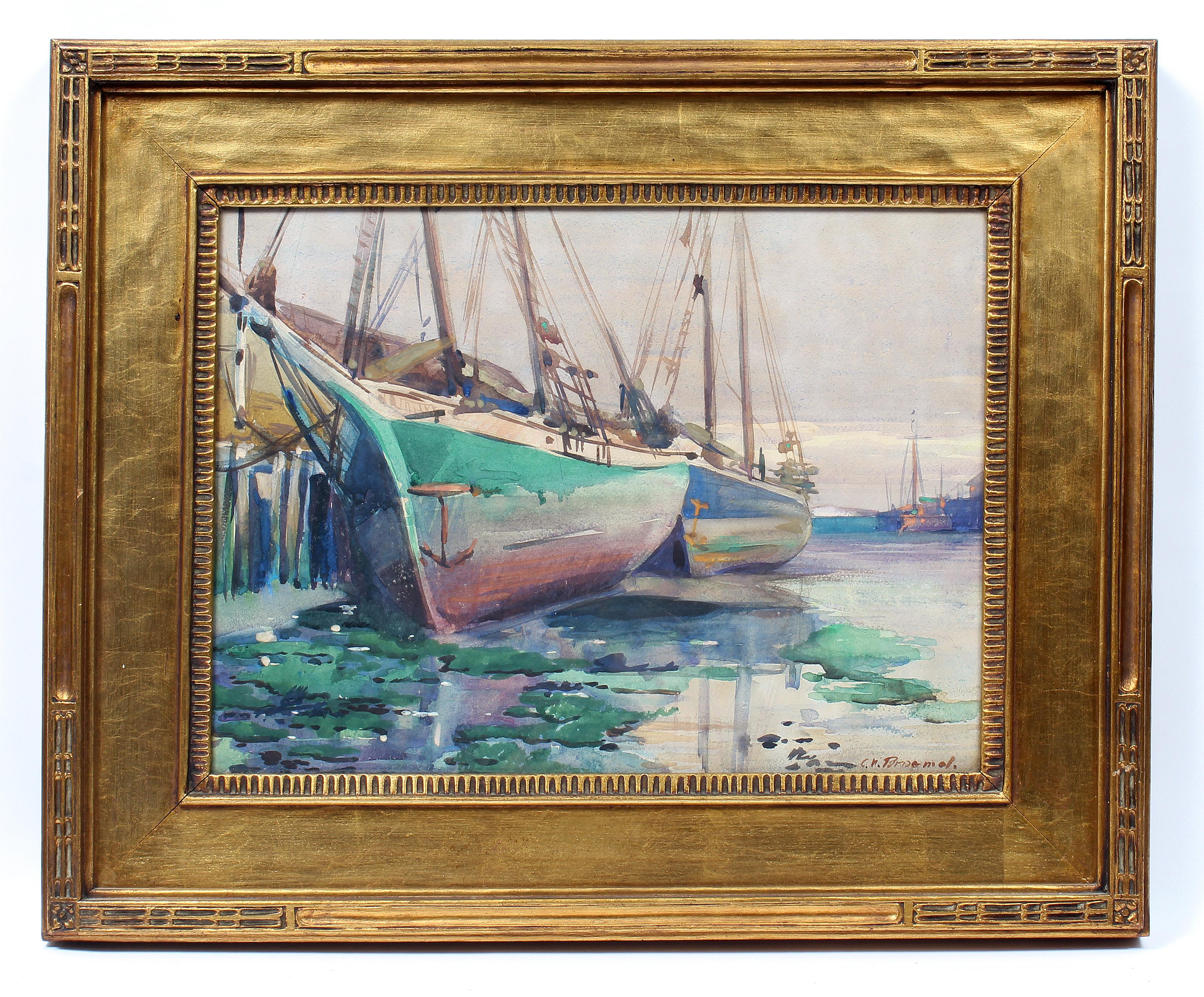 Acquerello originale di barche a vela al molo, opera del noto artista Carl Broemel.  Quest'opera è stupenda, con colori e movimenti meravigliosi.  Questo pezzo è anche contenuto nella cornice originale intagliata a mano.

Carl William Broemel