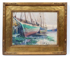 Segelboote im Dock Aquarell von Carl Broemel Original Arts and Crafts-Rahmen