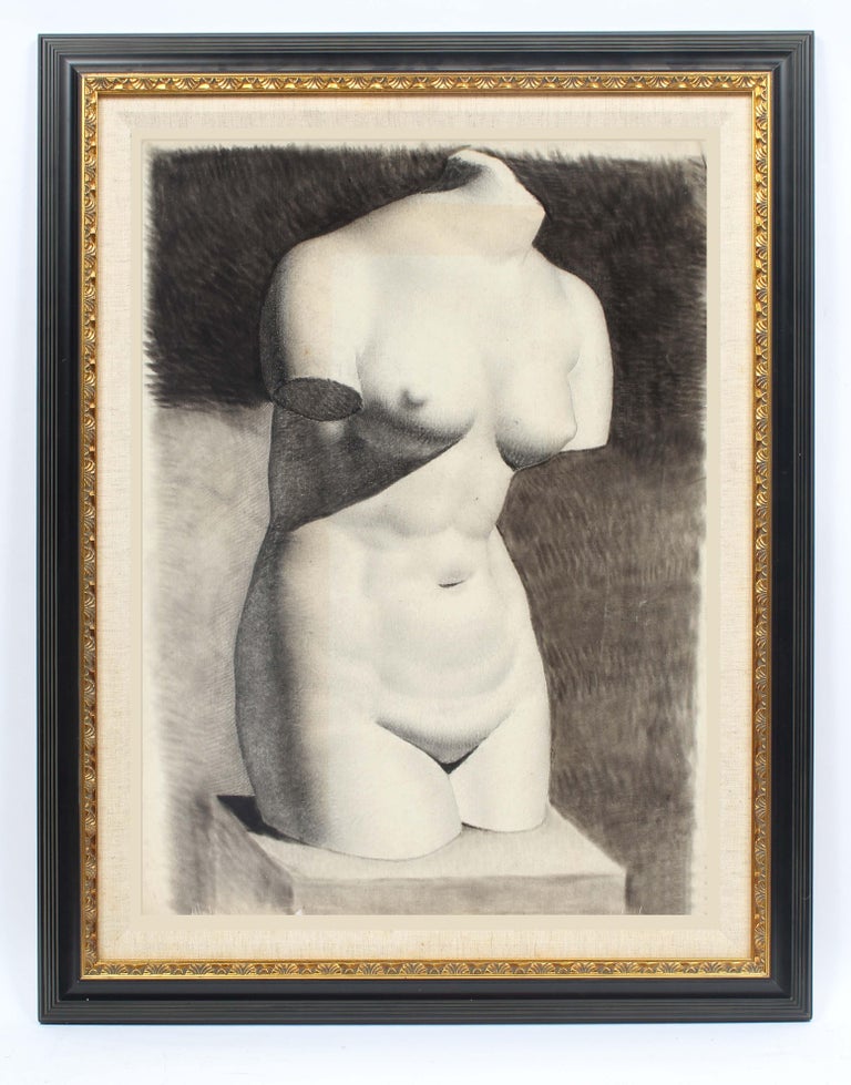 Unknown Figurative Art - American realist charcoal drawing bust nude woman sculpture framed black & White