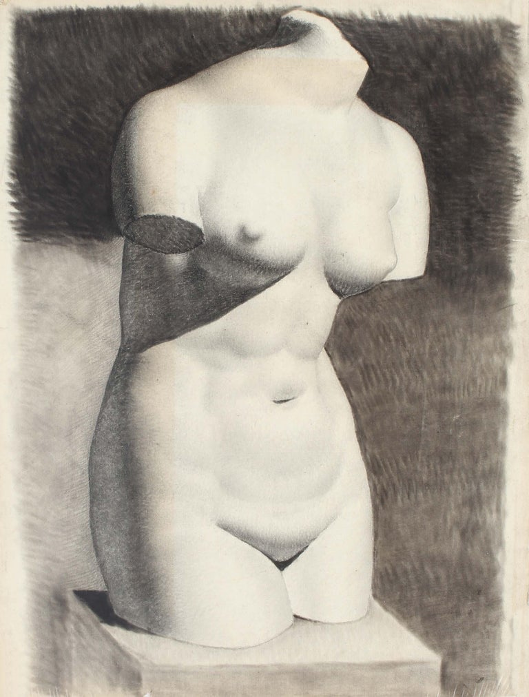 American realist charcoal drawing bust nude woman sculpture framed black & White - Art by Unknown