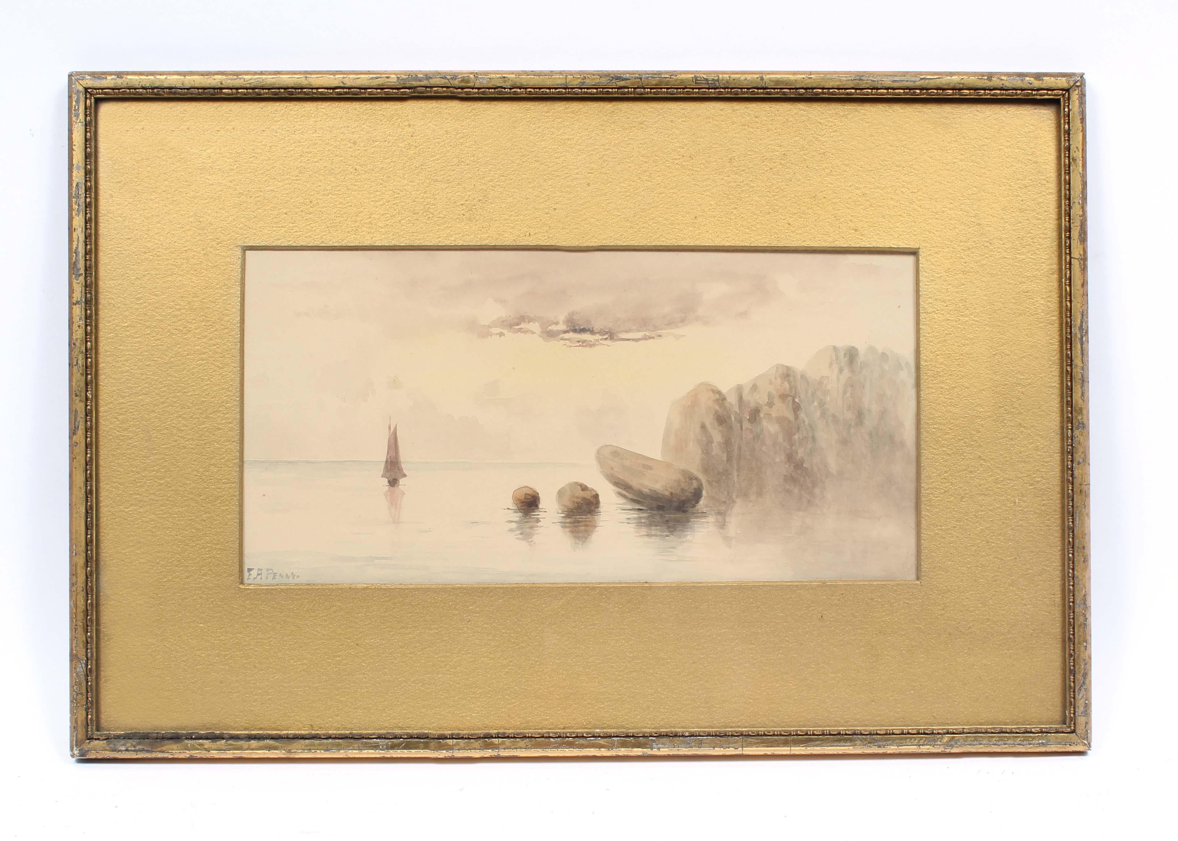 Unknown Landscape Art - Antique Watercolor Painting Seascape Sailboat Original Frame Signed Gold Sunset