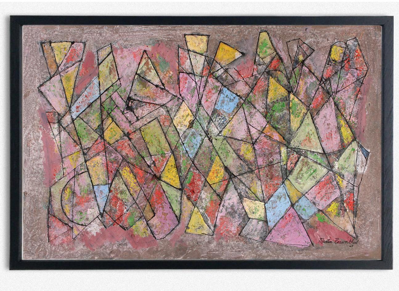 Abstract American Geometric Oil Painting Martin Rosenthal 1964 Pink Blue Yellow