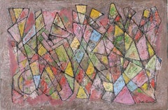 Abstract American Geometric Oil Painting Martin Rosenthal 1964 Pink Blue Yellow