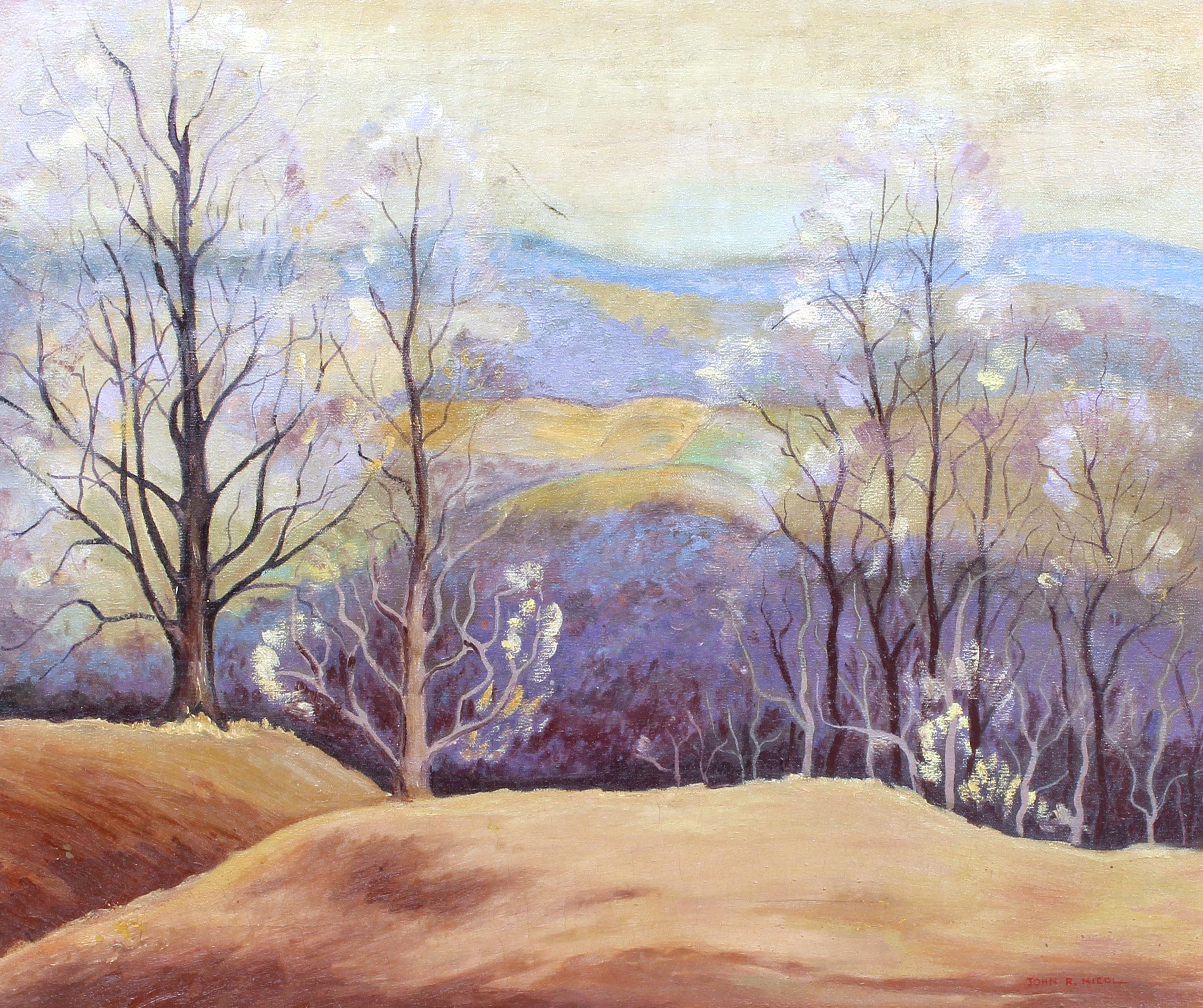 Ancienne peinture à l'huile impressionniste américaine moderne d'un paysage, encadrée, New York - Painting de John R. Nichol