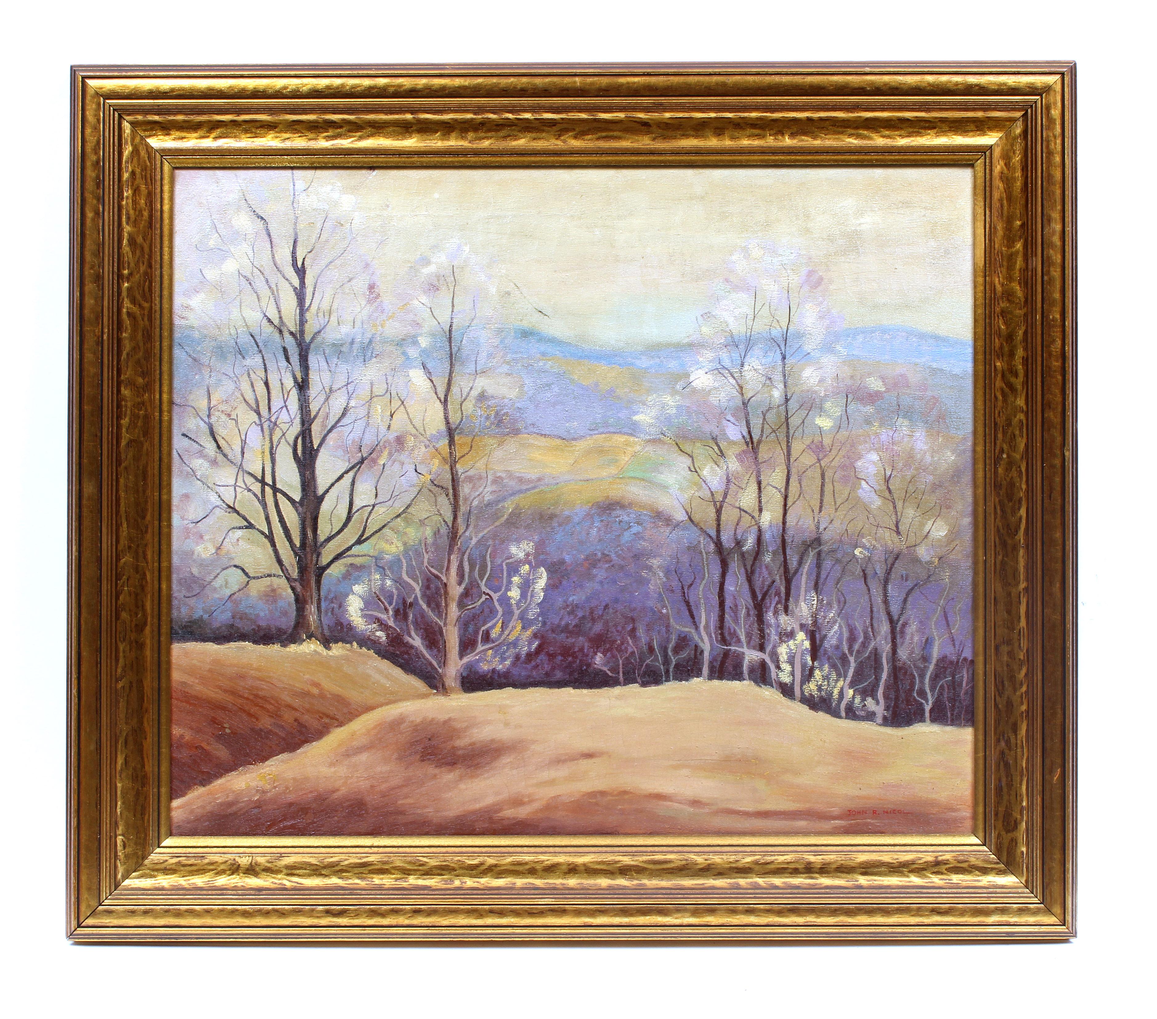Landscape Painting John R. Nichol - Ancienne peinture à l'huile impressionniste américaine moderne d'un paysage, encadrée, New York