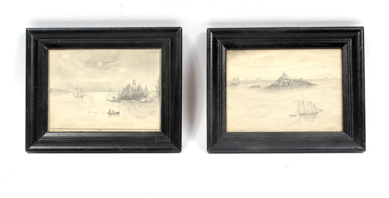 Unknown Landscape Art - Pair of Antique original American Hudson River School drawings 1881 Framed