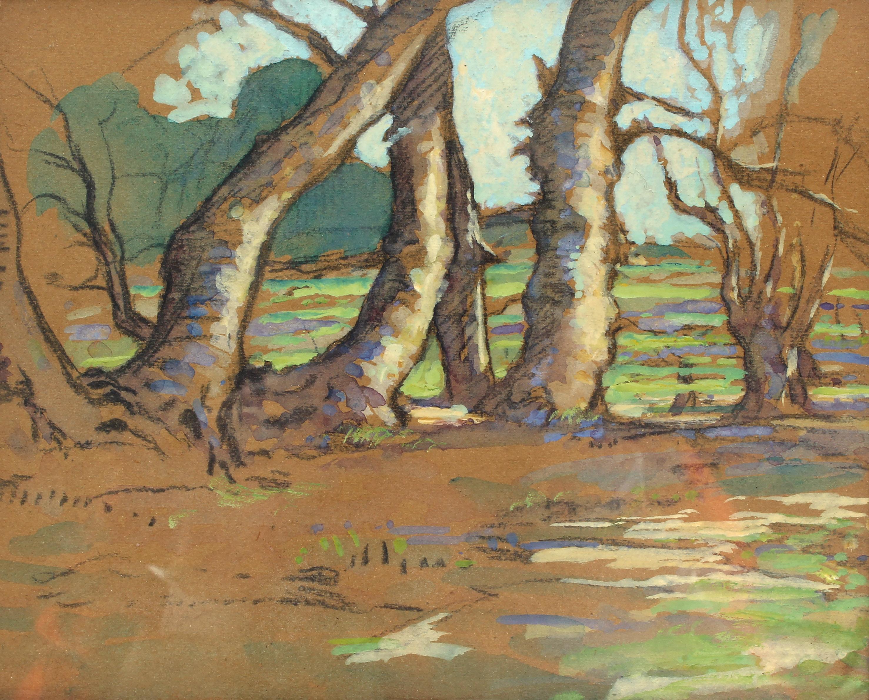 Kanadisches modernistisches pastellfarbenes Gemälde, Zeichnung von Bäumen in Violett und Grün, gerahmt 1915 – Art von Unknown