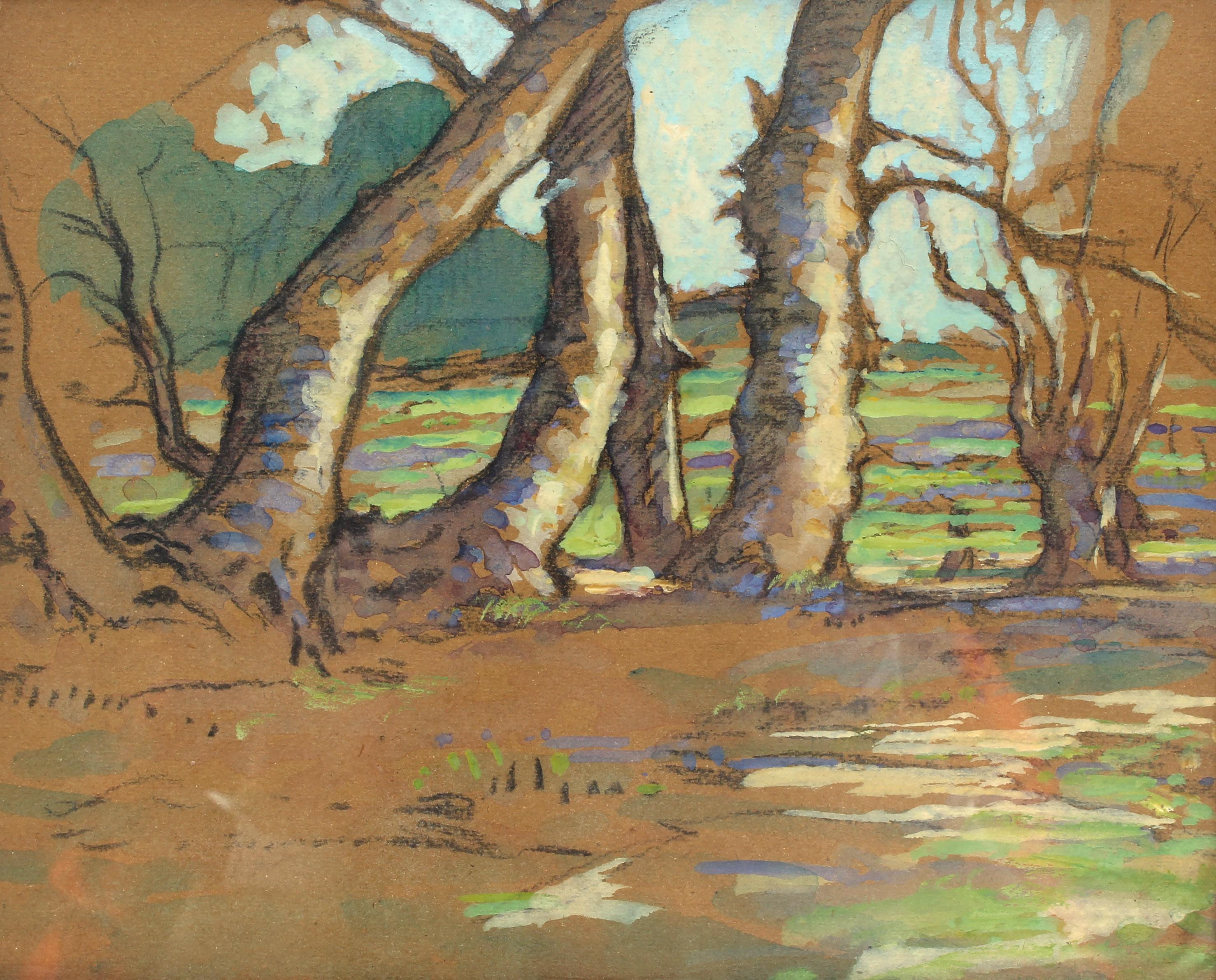 Quadro a pastello modernista canadese che disegna alberi Greene & Greene 1915 incorniciato - Art di Unknown