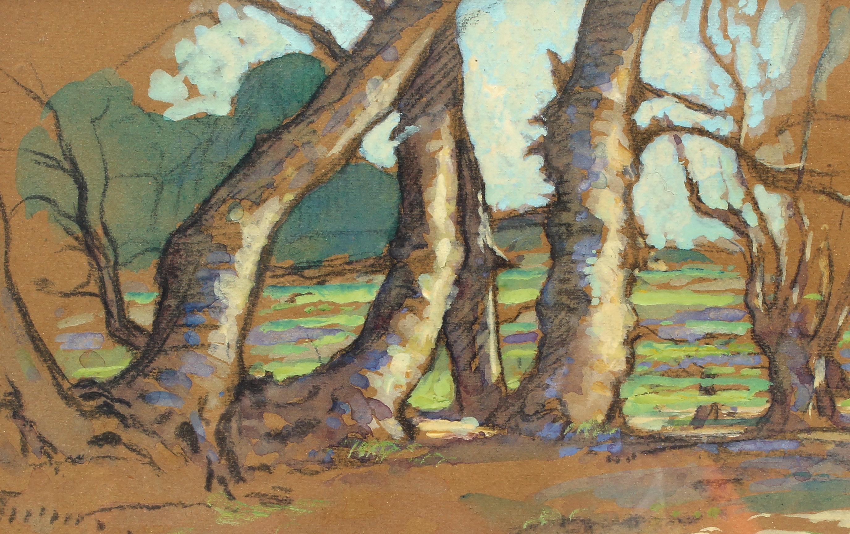 Kanadisches modernistisches pastellfarbenes Gemälde, Zeichnung von Bäumen in Violett und Grün, gerahmt 1915 (Moderne), Art, von Unknown