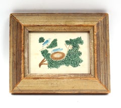 American Miniature Painting Watercolor Birds Nest Framed 1890's Charming Folk