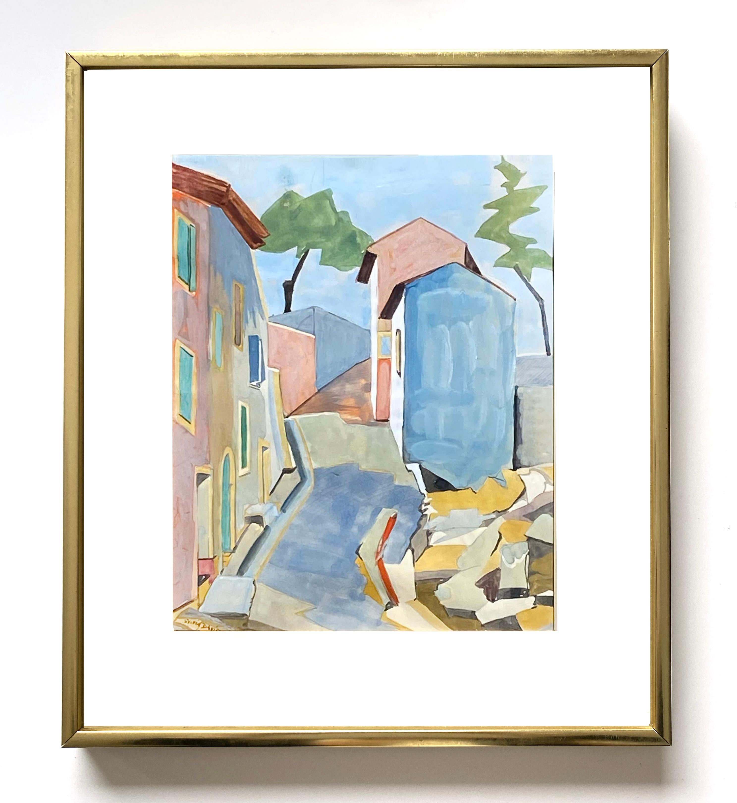 Französische kubistische Landschaft, Gouache-Gemälde, gerahmt, Original Galerieetikett 