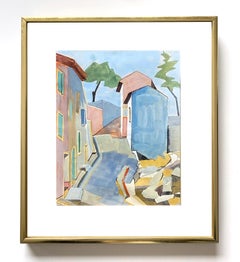 Peinture à la gouache d'un paysage cubiste français encadrée, étiquette de galerie originale 