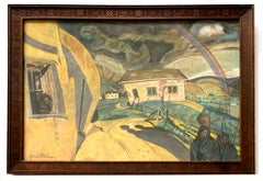 Firmato Pittura modernista europea con paesaggio urbano arcobaleno con cornice originale del 19° secolo