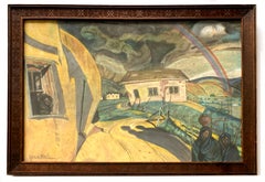 Peinture de paysage urbain arc-en-ciel européen moderniste signée Cadre d'origine 19ème