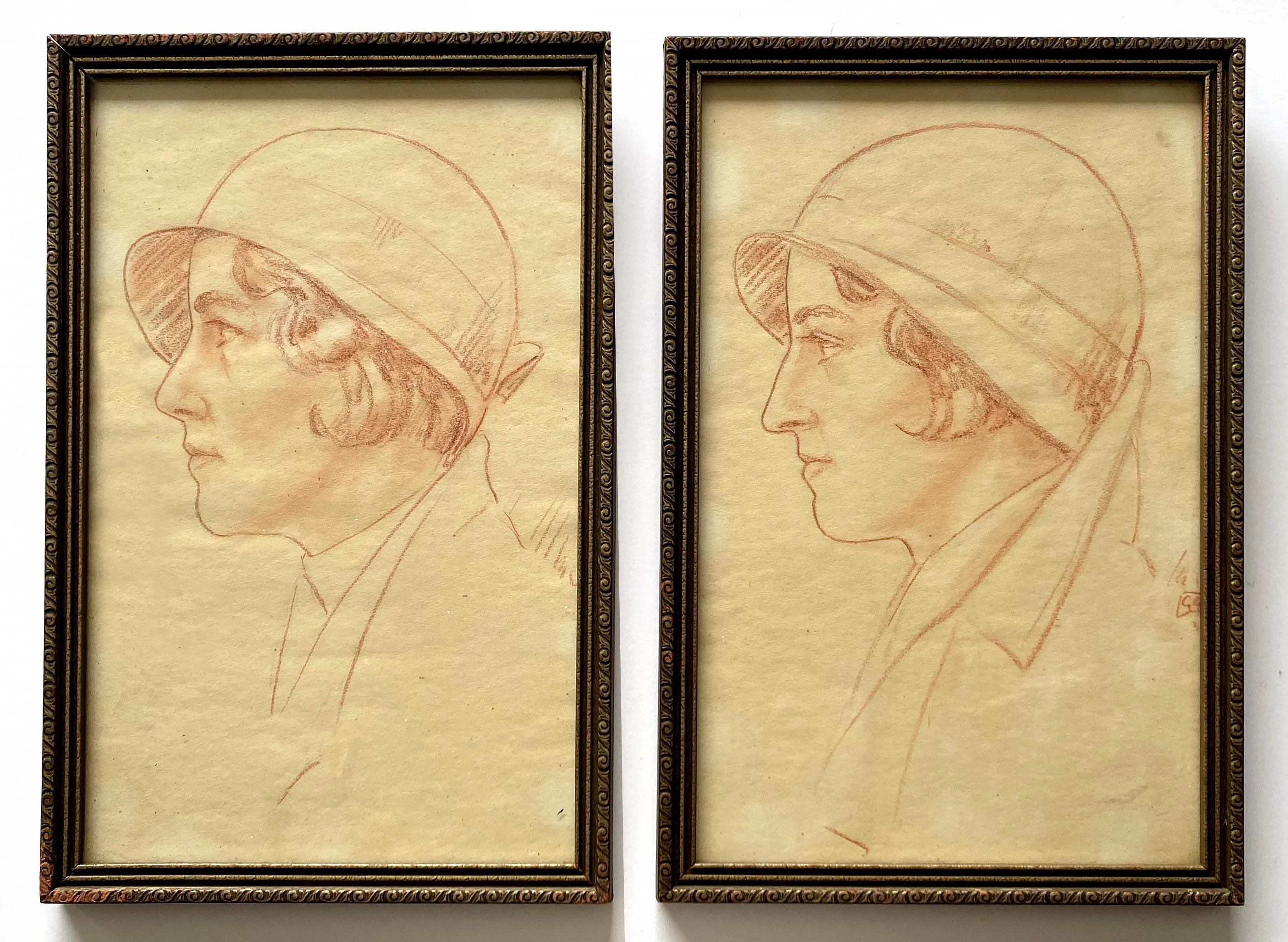 Pair of antique portraits women period clothes framed drawing red hats 19th