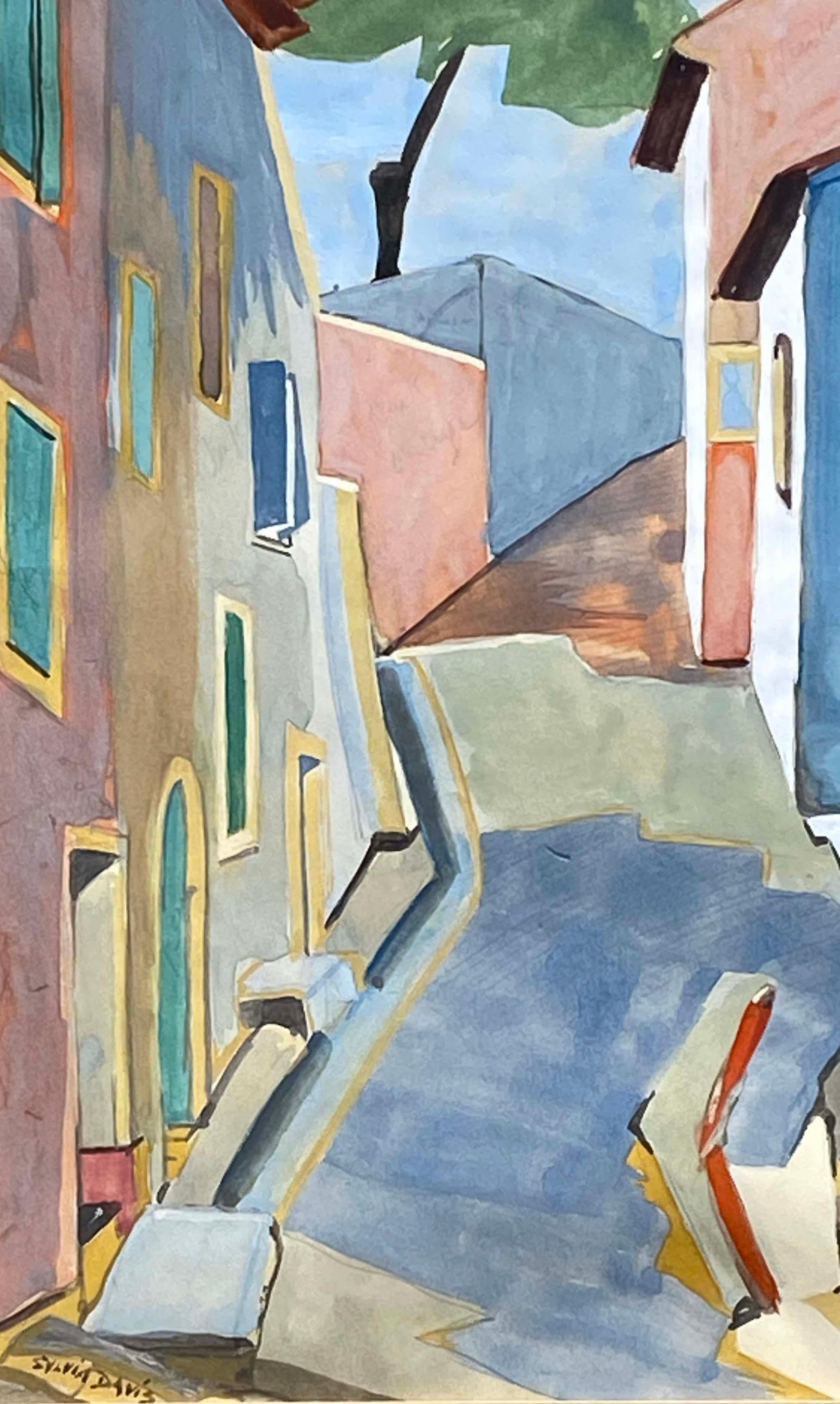 Gouache of a French cityscape titled 