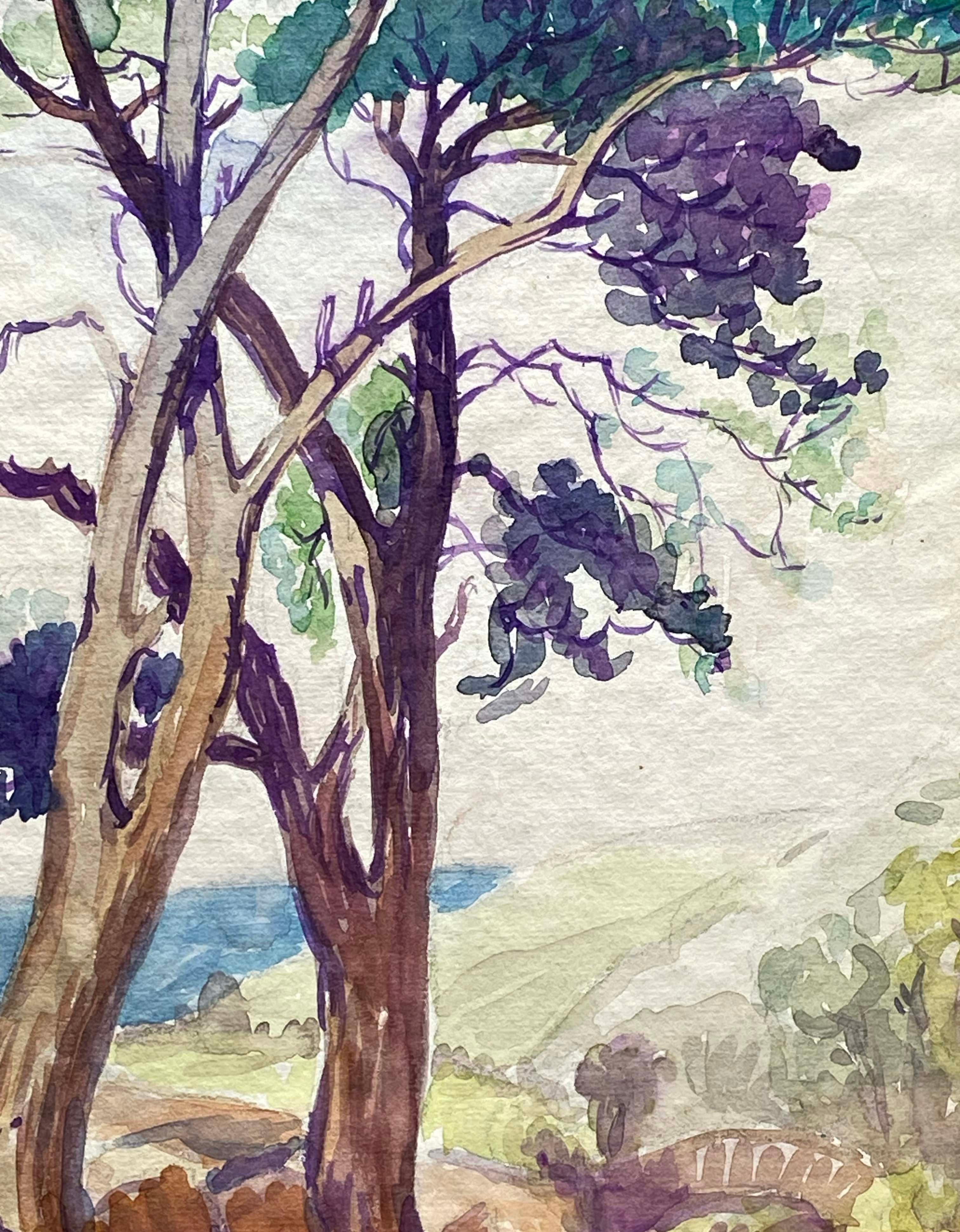 An original American impressionist figurative watercolor of a California coastline with trees.