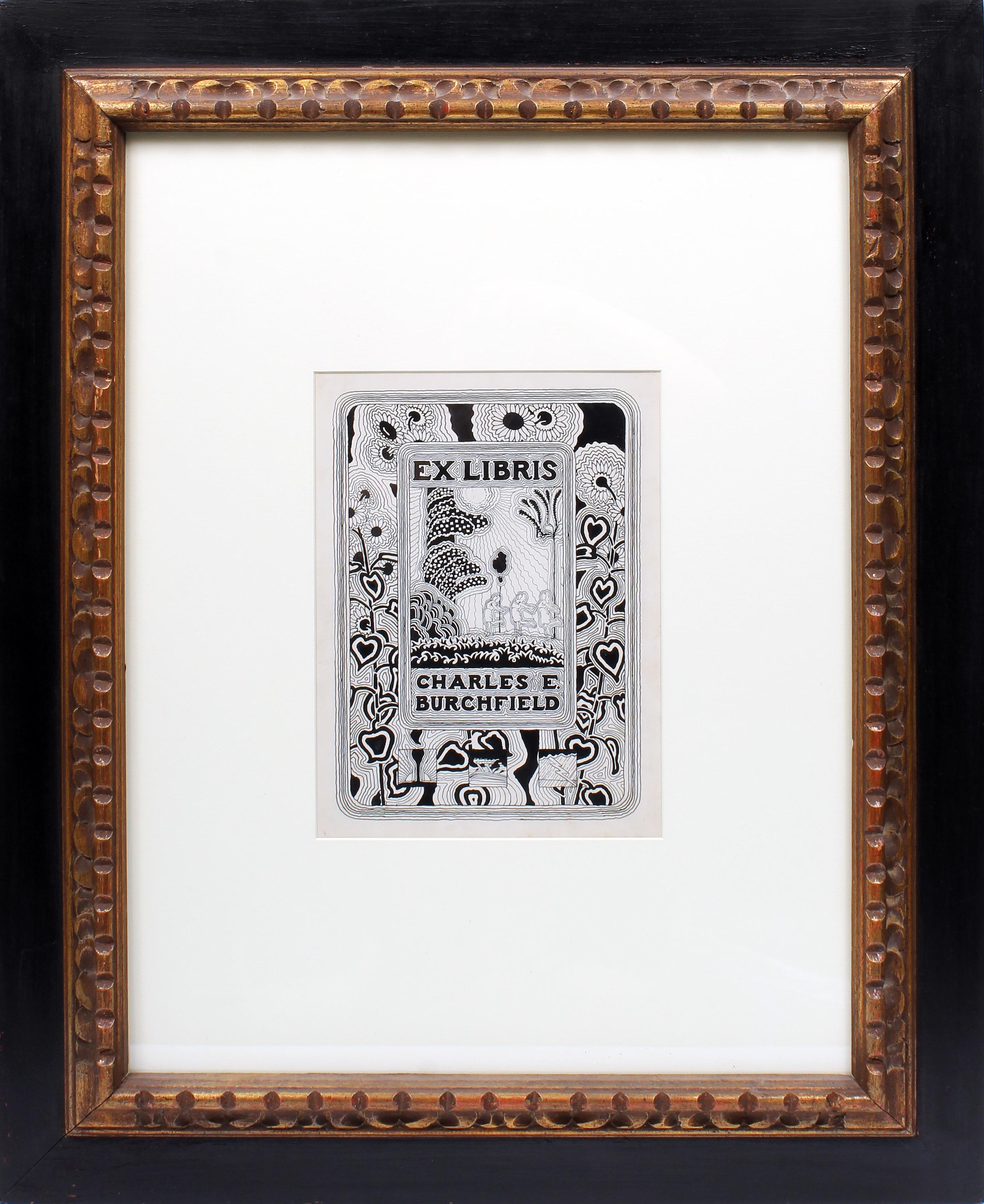 Rare Charles Burchfield Drawing Book plate Rare Black and White Museum Framed