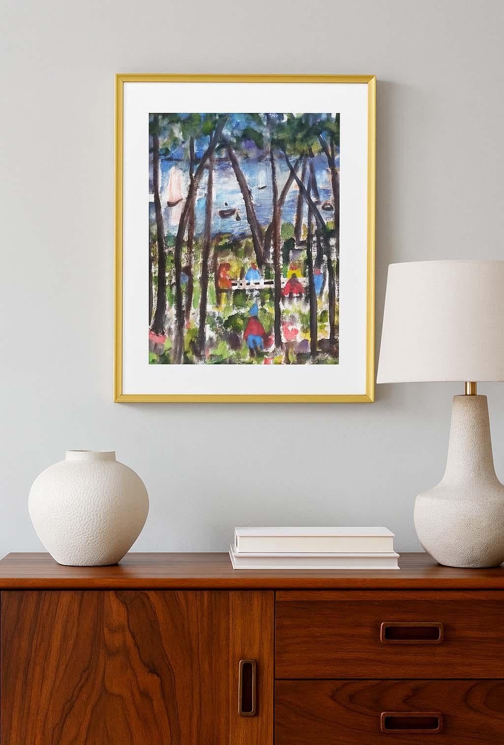 Aquarell Gemälde American Modern Impressionist Landschaft gerahmt 1940 bunt (Amerikanische Moderne), Art, von Dorothy Rivo
