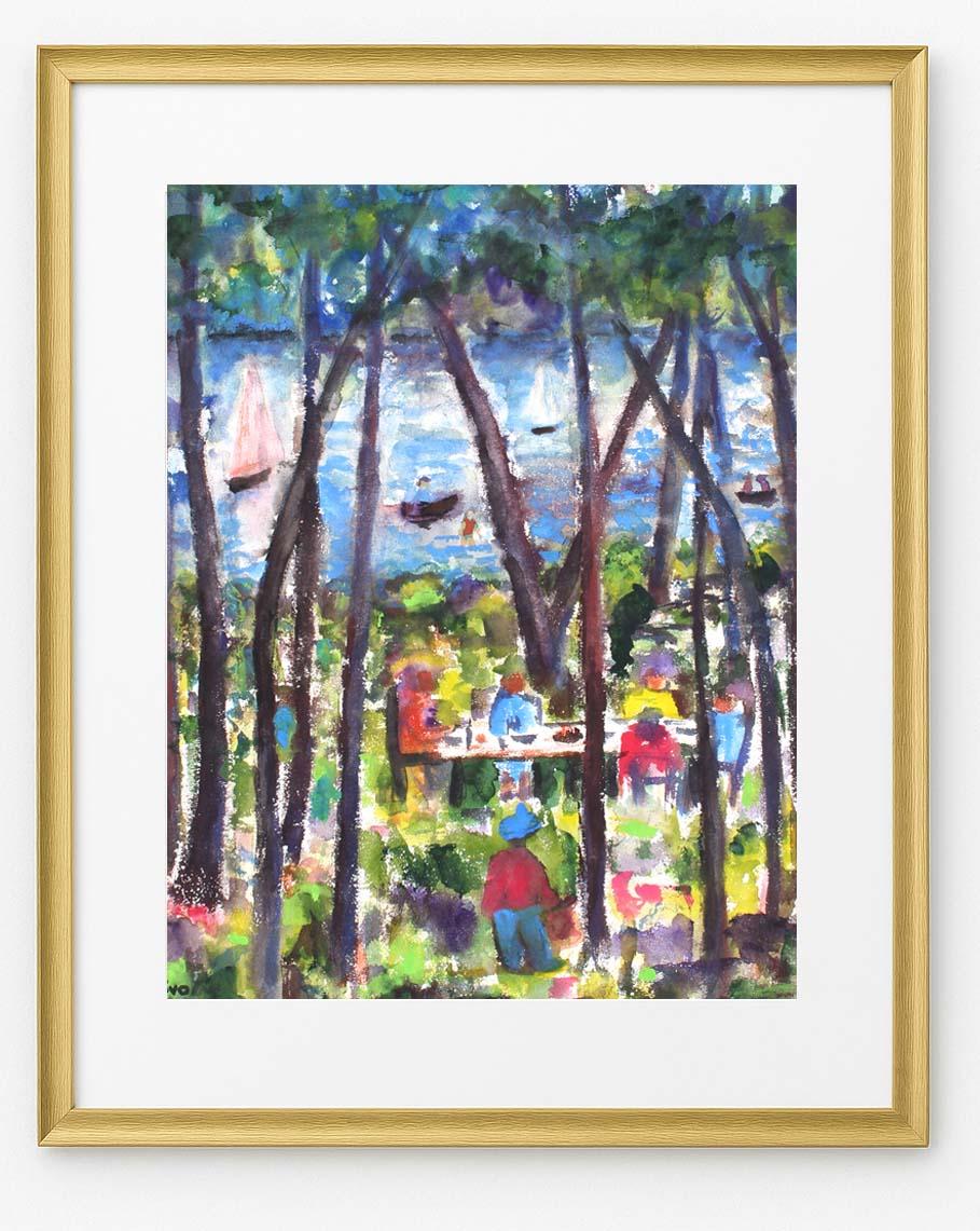 Aquarell Gemälde American Modern Impressionist Landschaft gerahmt 1940 bunt – Art von Dorothy Rivo