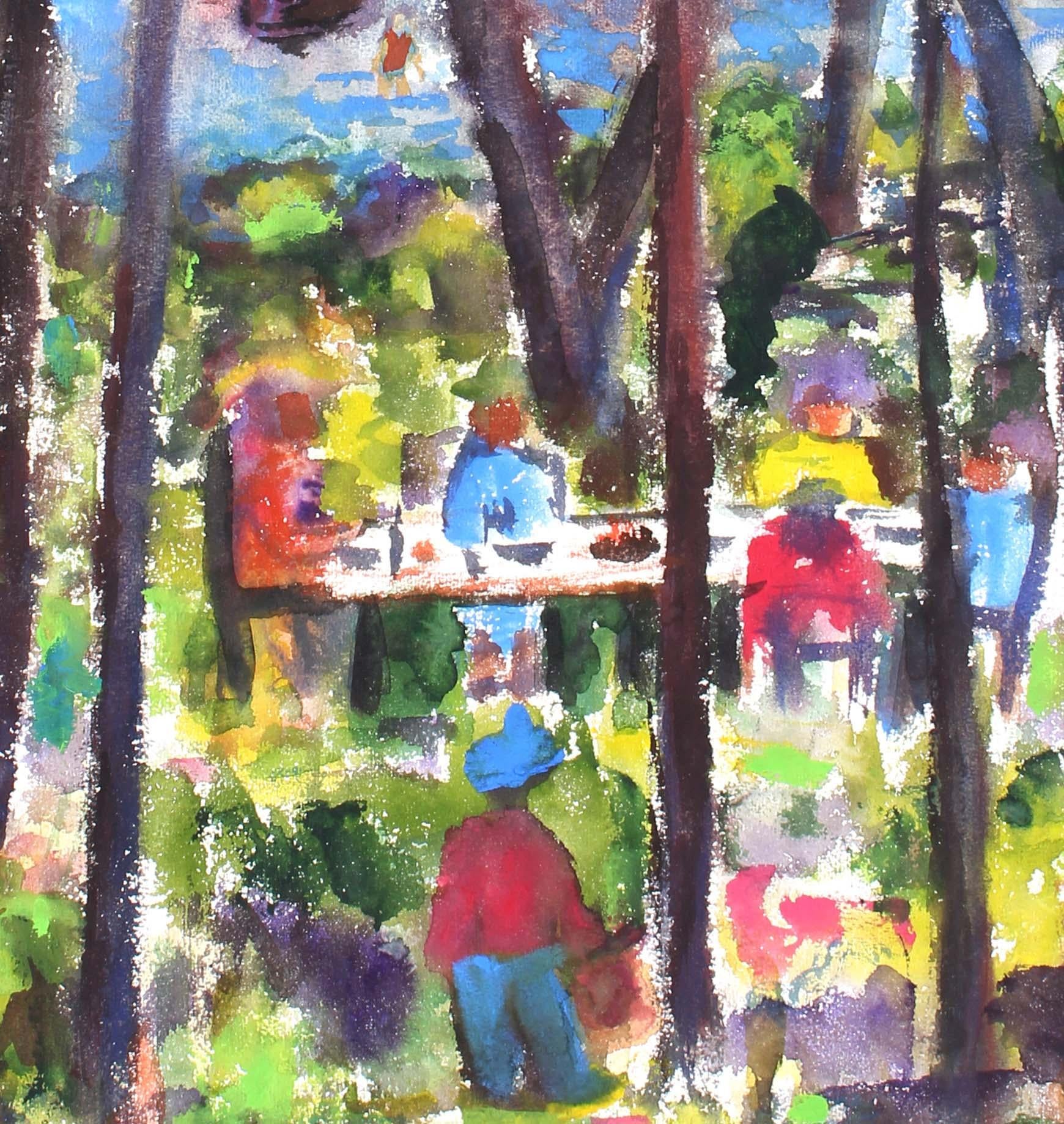 Dorothy Rivo
Picknick am See, ca. 1940-50er Jahre
Aquarell auf Papier
Gerahmte Abmessungen: 30 in. H × 24 Zoll. W
Präsentiert in einem modernen Goldrahmen mit Archivpassepartout

Lakeside Picnic ist voll von Licht und Farben und fängt einen Moment