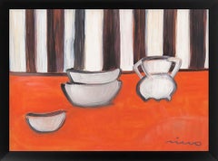Pittura moderna del metà secolo Quadro d'interni americano con cornice a strisce rosse B&W