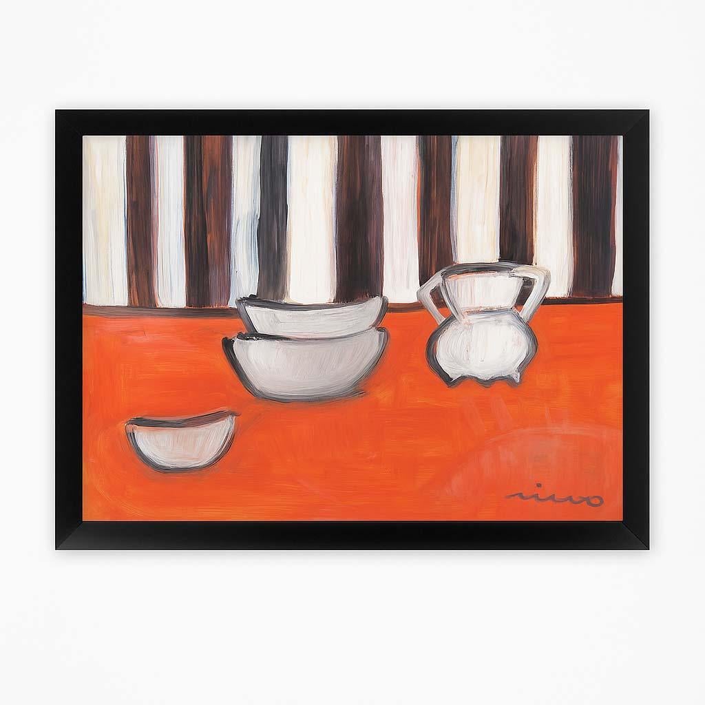 Mid Century Modern Painting American interior table scape Framed Red Stripe B&W - Modernisme américain Art par Dorothy Rivo