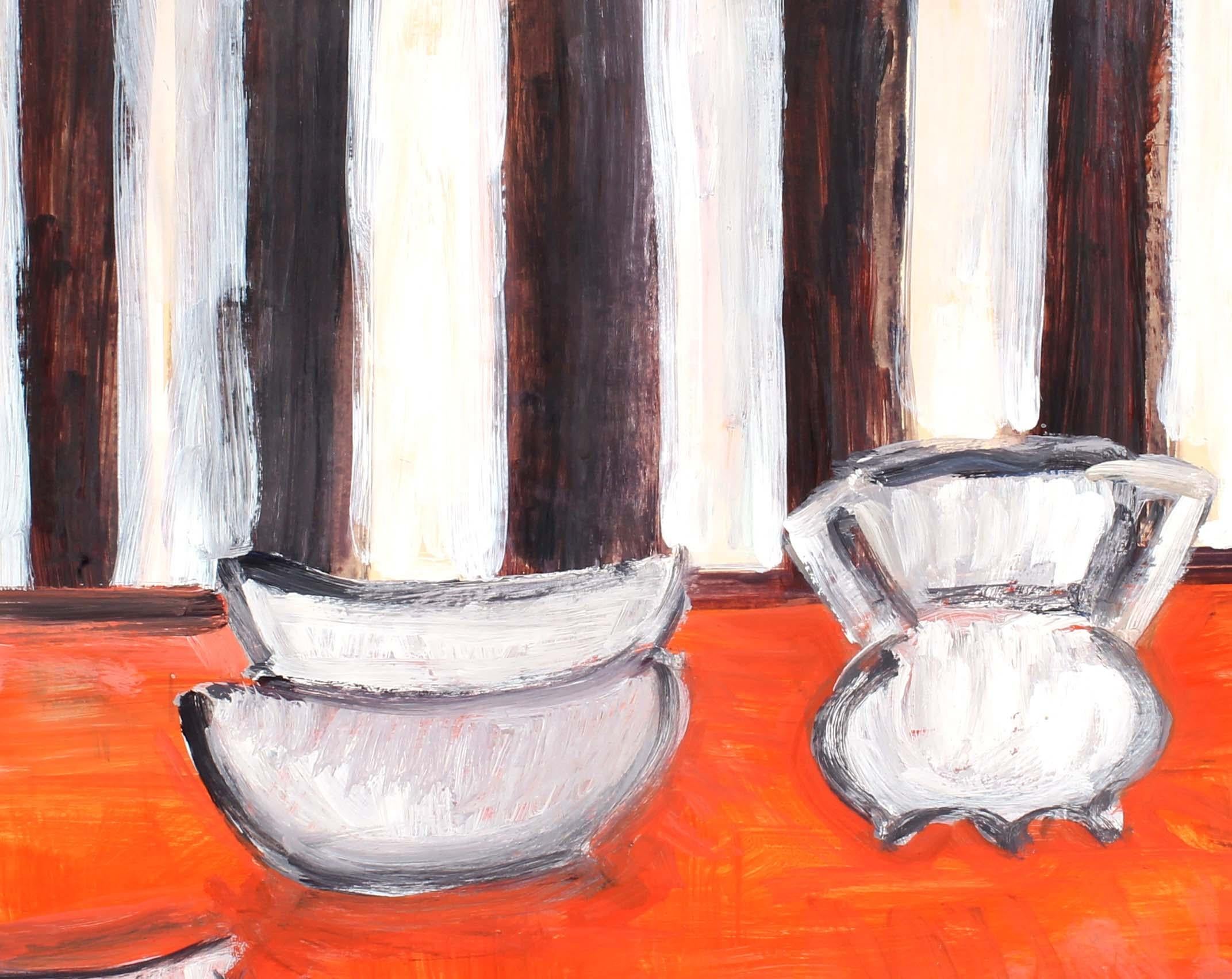 Mid Century Modern Painting American interior table scape Framed Red Stripe B&W - Orange Landscape Art par Dorothy Rivo