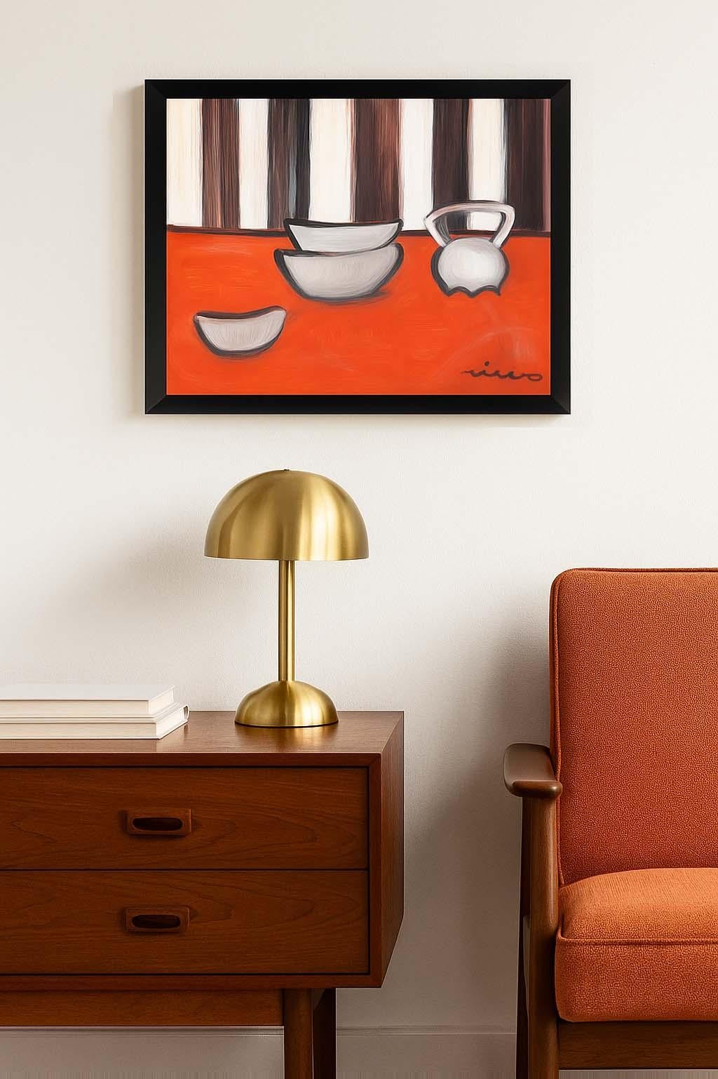 Mid Century Modern Painting American interior table scape Framed Red Stripe B&W - Art de Dorothy Rivo