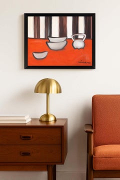 Pintura moderna de mediados de siglo Paisaje de mesa interior americano Enmarcado Raya roja ByN