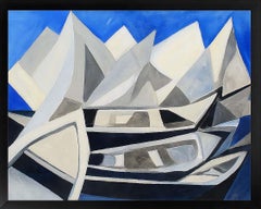 Watercolor Painting American Modern Cubist Landscape Boats Mountains Blue White