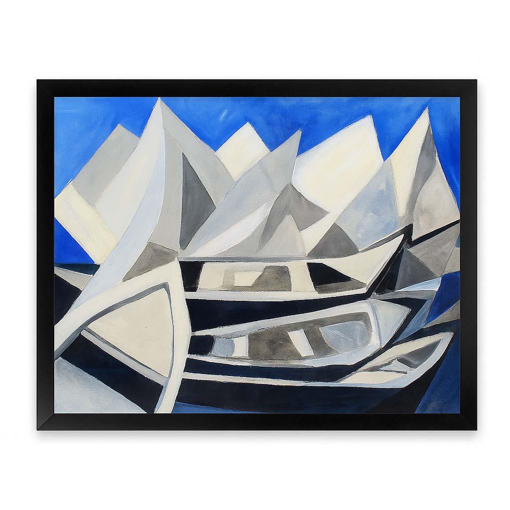 Dorothy Rivo
Sin título (Barcos y Picos)
Acrílico sobre panel
Dimensiones enmarcado: 22 pulg. H × 28 pulg. W
Marco negro contemporáneo

En Sin título (Barcos y picos), Dorothy Rivo representa un paisaje marítimo como abstracción cristalina,