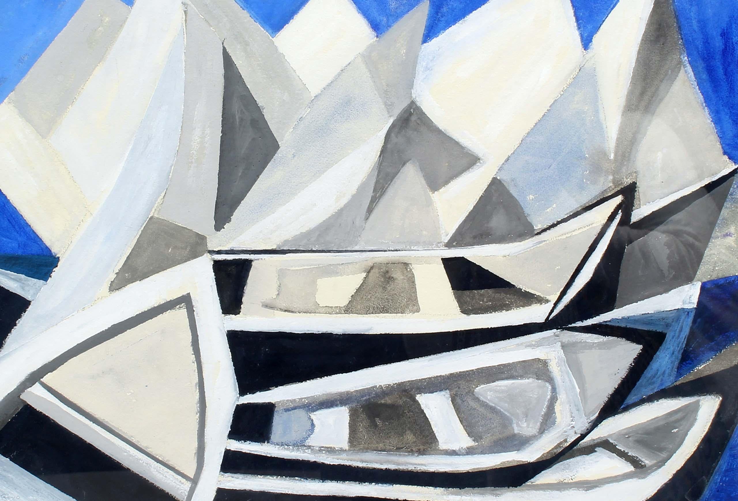 Pintura Acuarela Paisaje Cubista Moderno Americano Barcos Montañas Azul Blanco - Landscape Art Púrpura de Dorothy Rivo