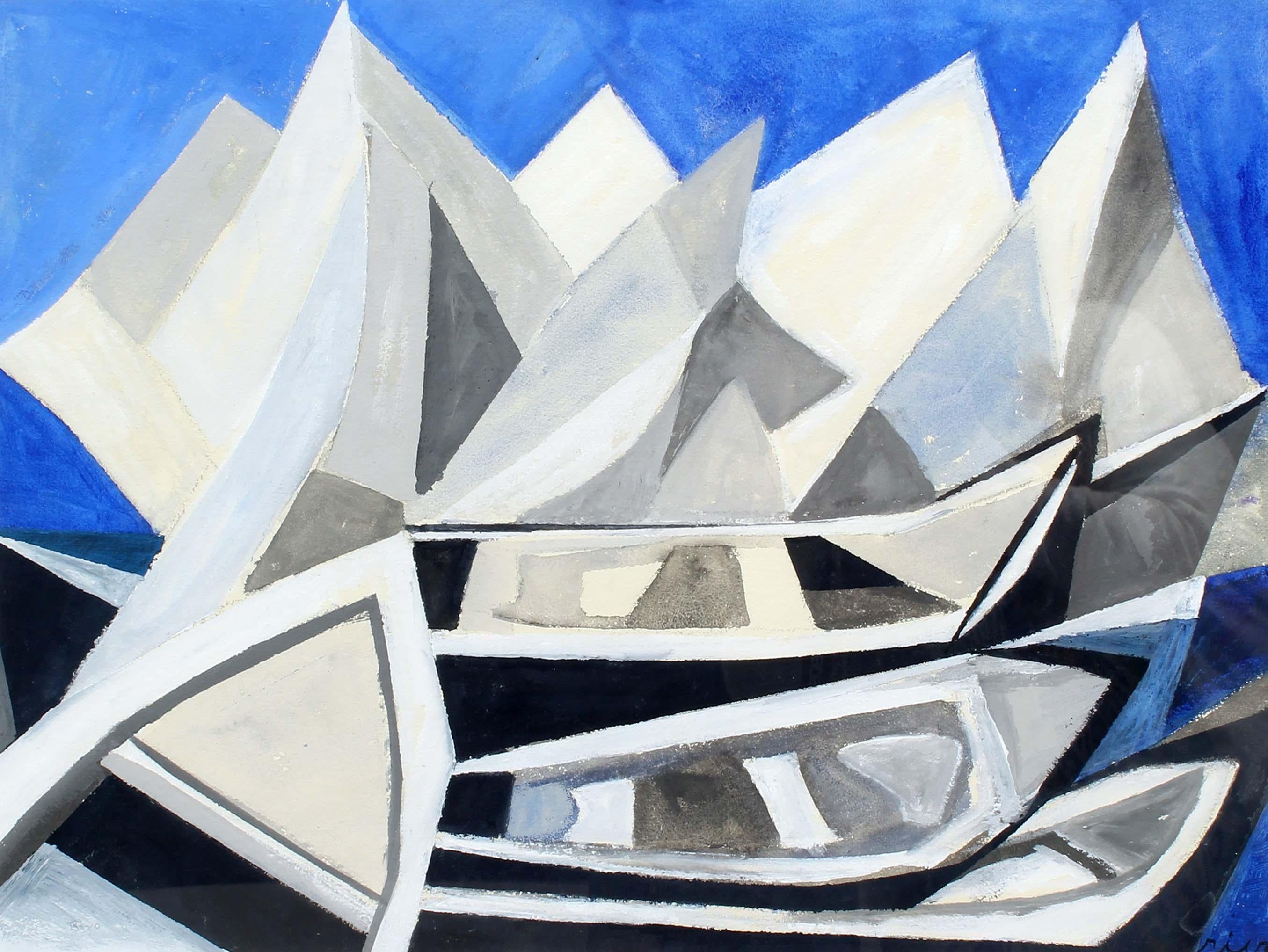 Pintura Acuarela Paisaje Cubista Moderno Americano Barcos Montañas Azul Blanco - Art moderno estadounidense de Dorothy Rivo