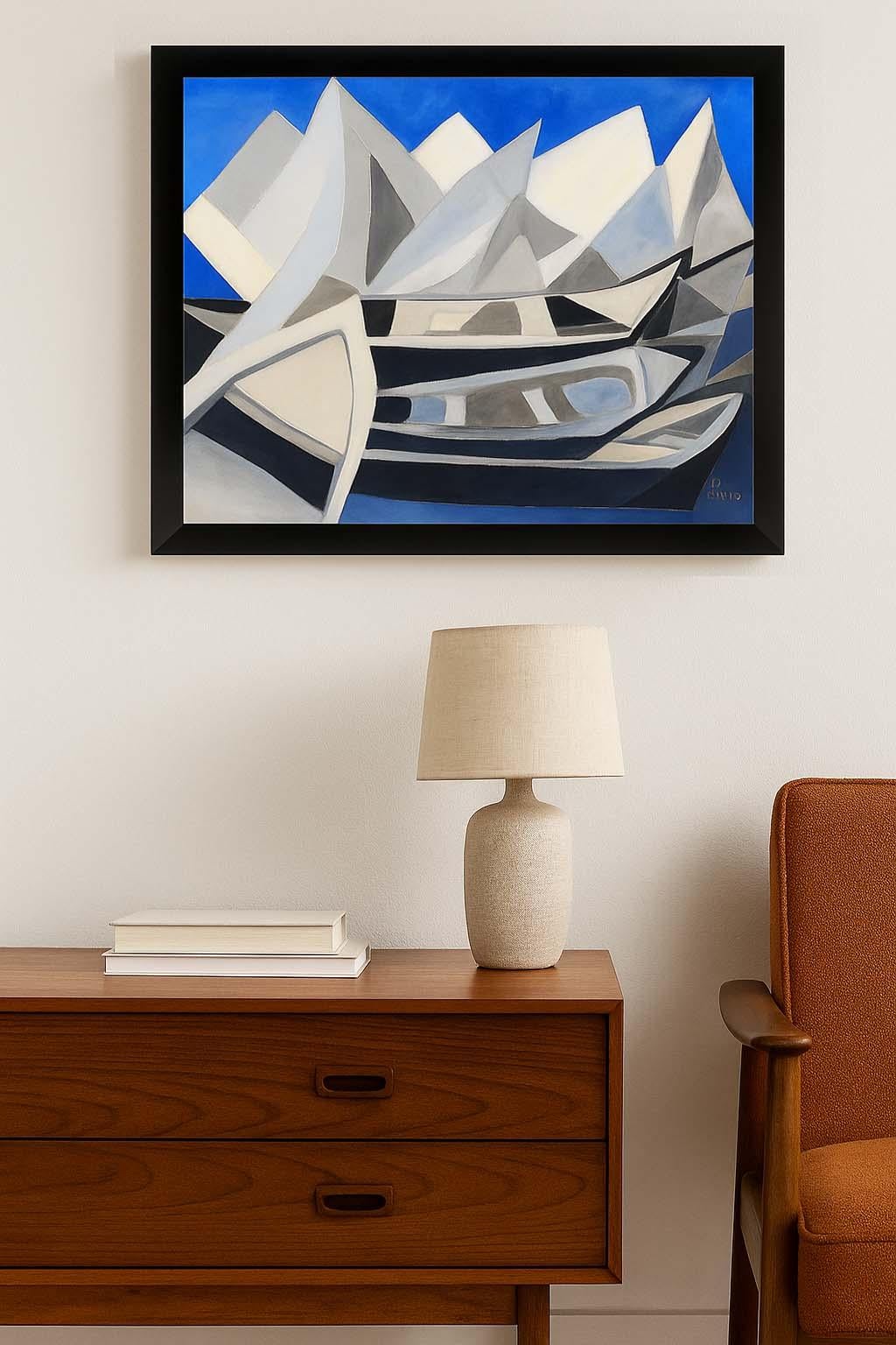 Pintura Acuarela Paisaje Cubista Moderno Americano Barcos Montañas Azul Blanco - Art de Dorothy Rivo
