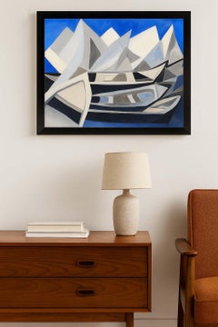 Pintura Acuarela Paisaje Cubista Moderno Americano Barcos Montañas Azul Blanco